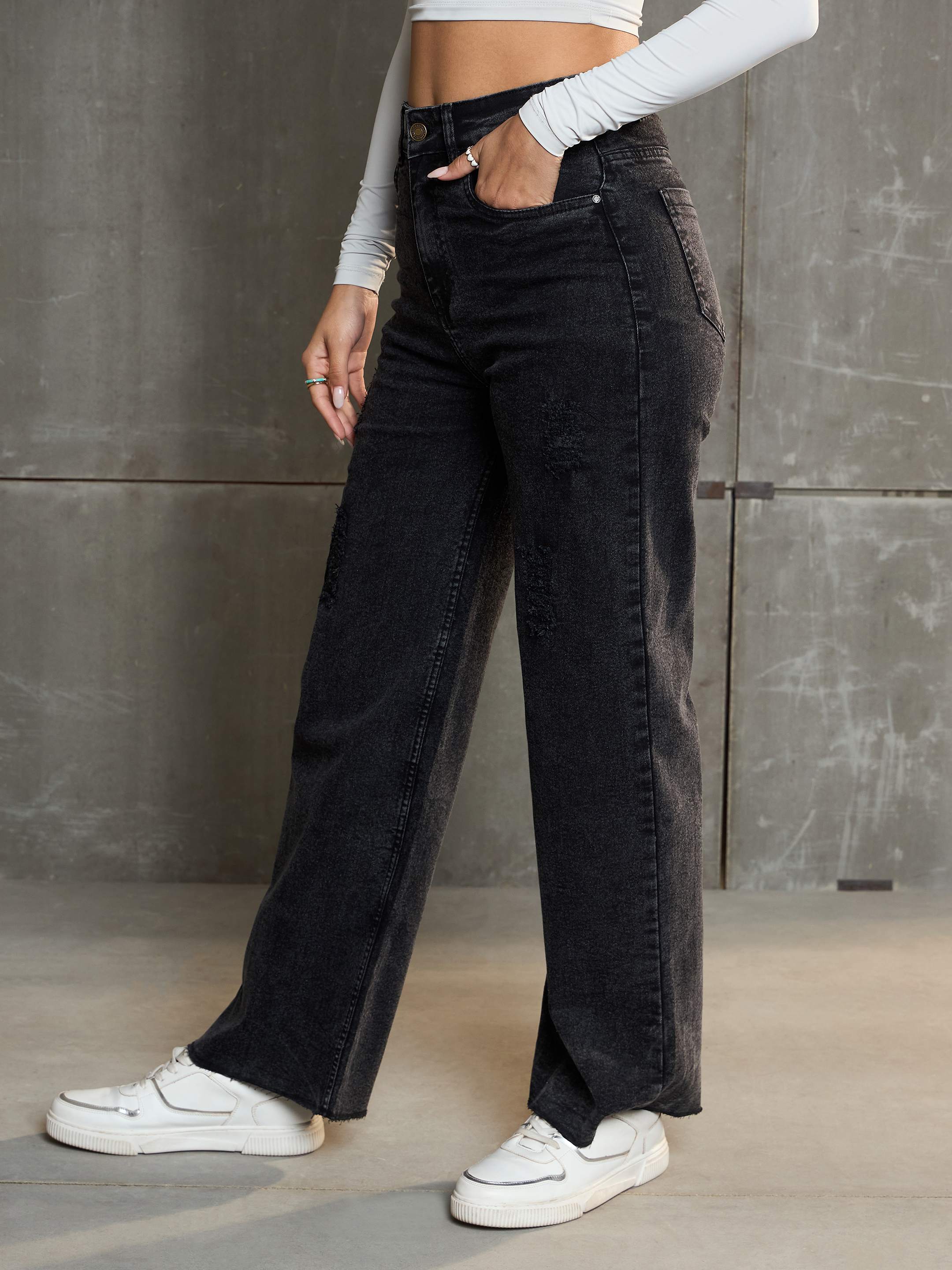 Women's Black Washed Denim Premium Front Detail Straight Jeans-SASSAFRAS