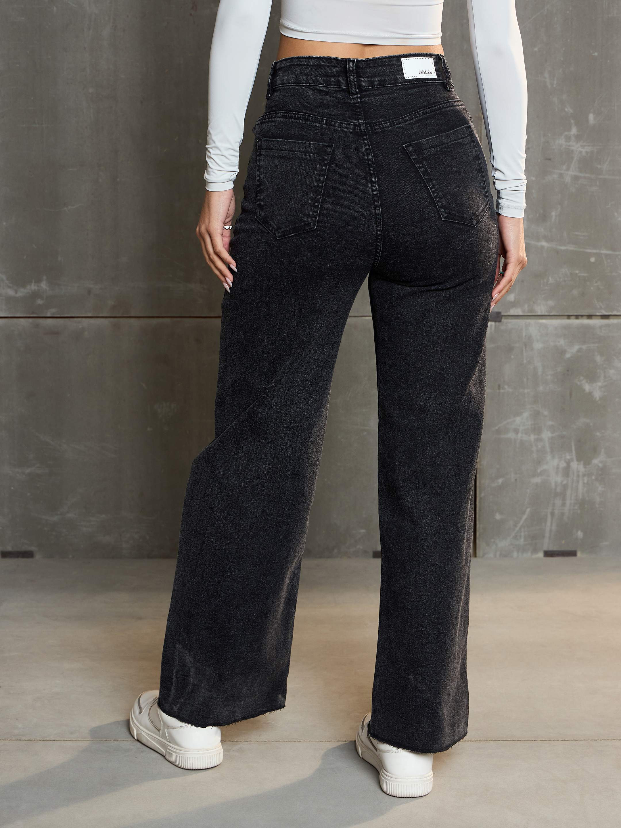 Women's Black Washed Denim Premium Front Detail Straight Jeans-SASSAFRAS