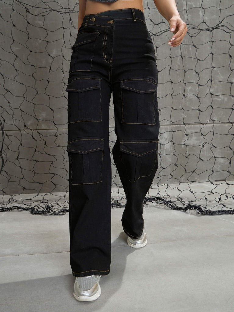 Women's Black Cargo Straight Jea