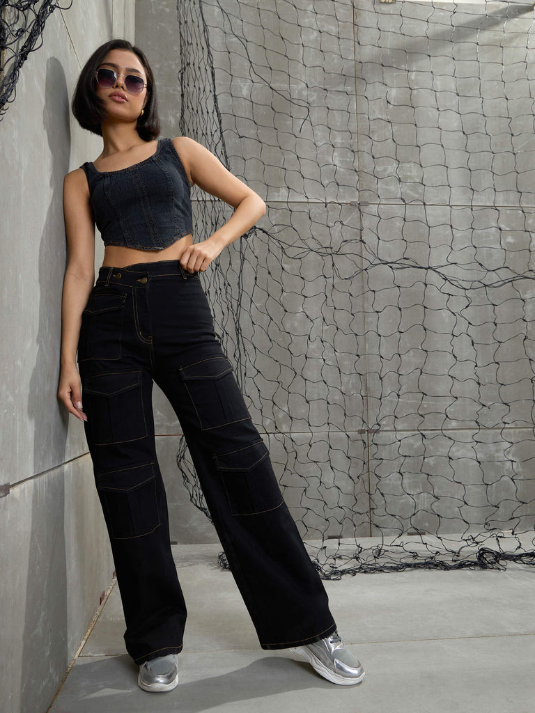Women's Black Cargo Straight Jea