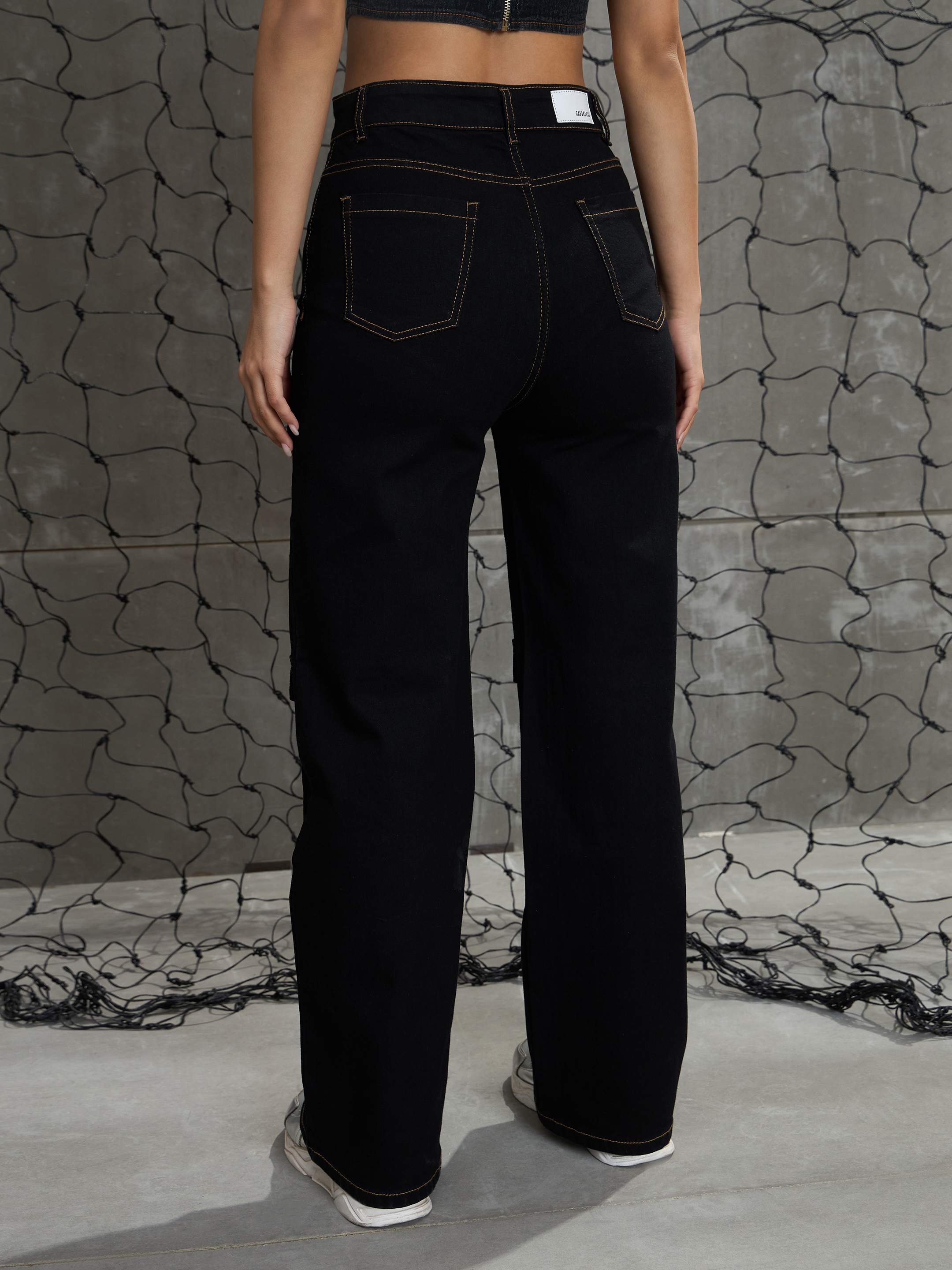 Women's Black Cargo Straight Jeans-SASSAFRAS