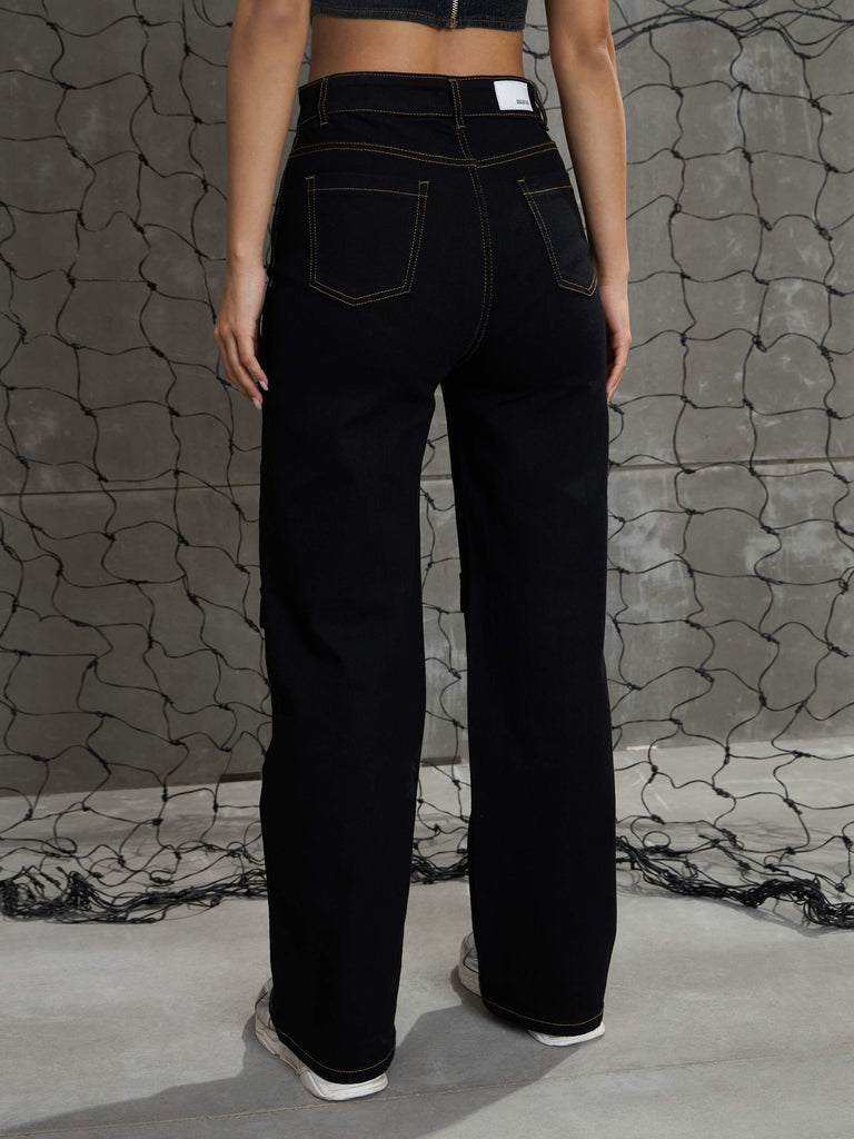Women's Black Cargo Straight Jea
