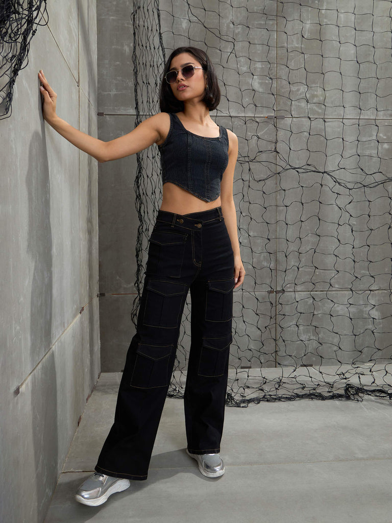 Women's Black Cargo Straight Jea