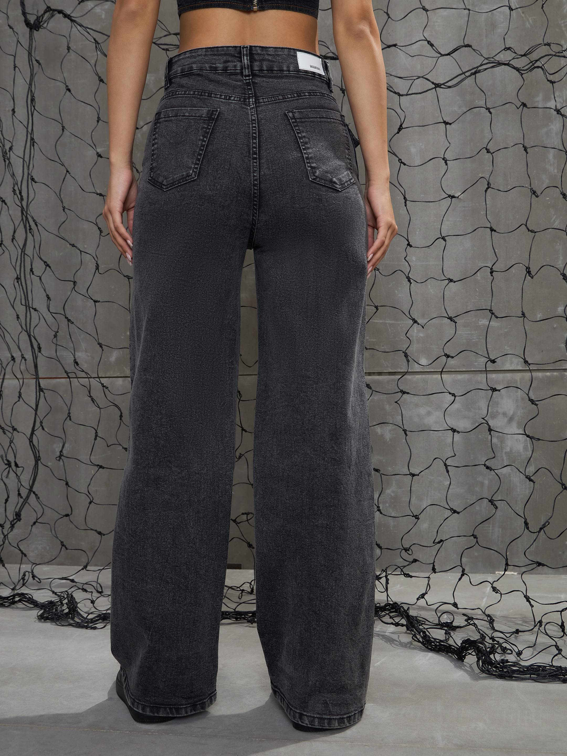 Women's Black Washed Cargo Straight Jeans-SASSAFRAS