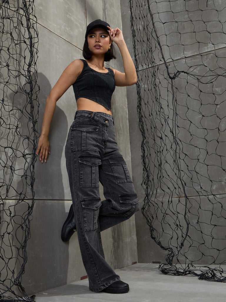 Women's Black Washed Cargo Straight Jea