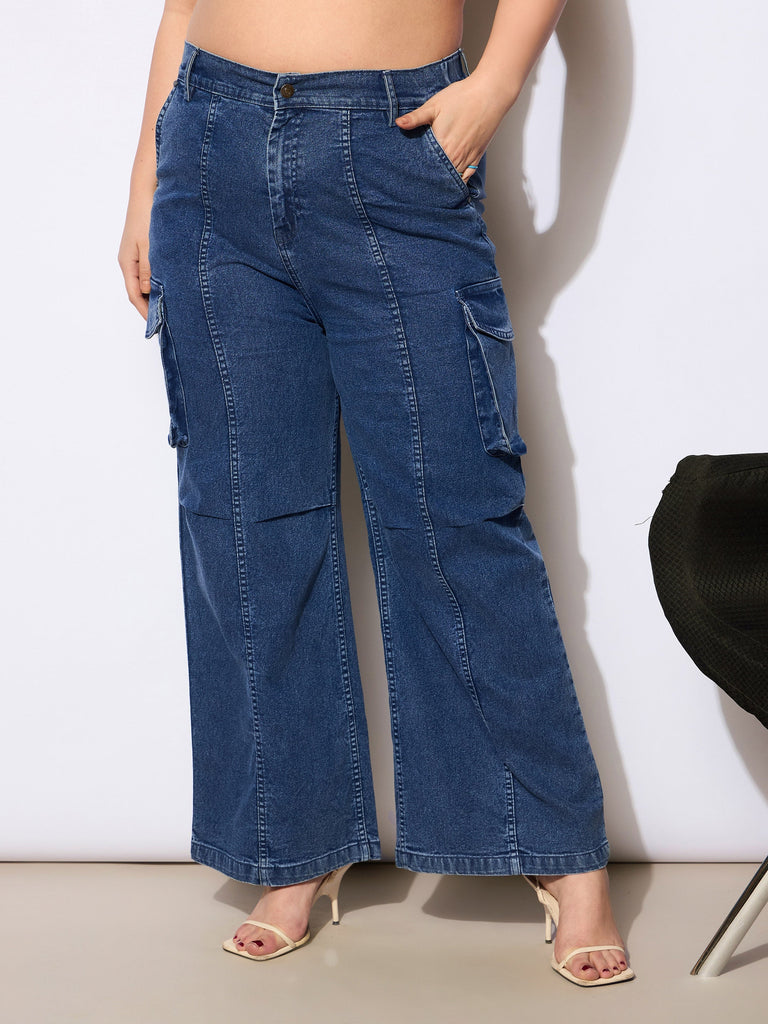 Women's Navy Denim Front Seam Side Pockets Straight Jea