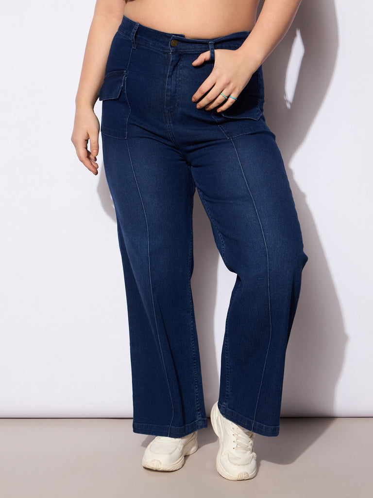 Women's Blue Denim Front Seam Detail Straight Jea