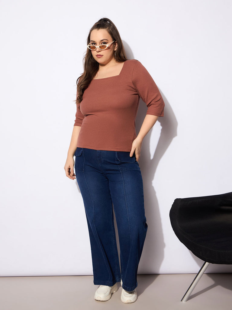 Women's Blue Denim Front Seam Detail Straight Jea