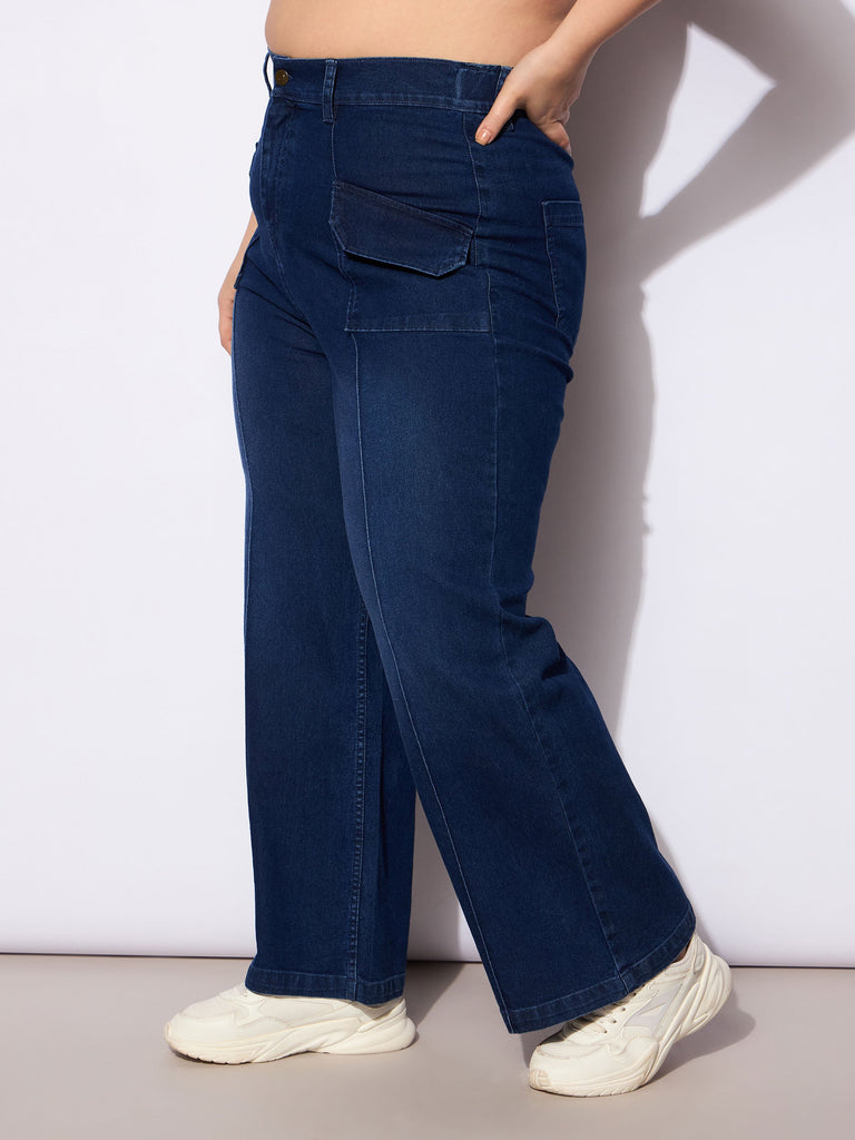 Women's Blue Denim Front Seam Detail Straight Jea