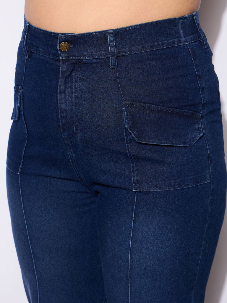 Women's Blue Denim Front Seam Detail Straight Jea