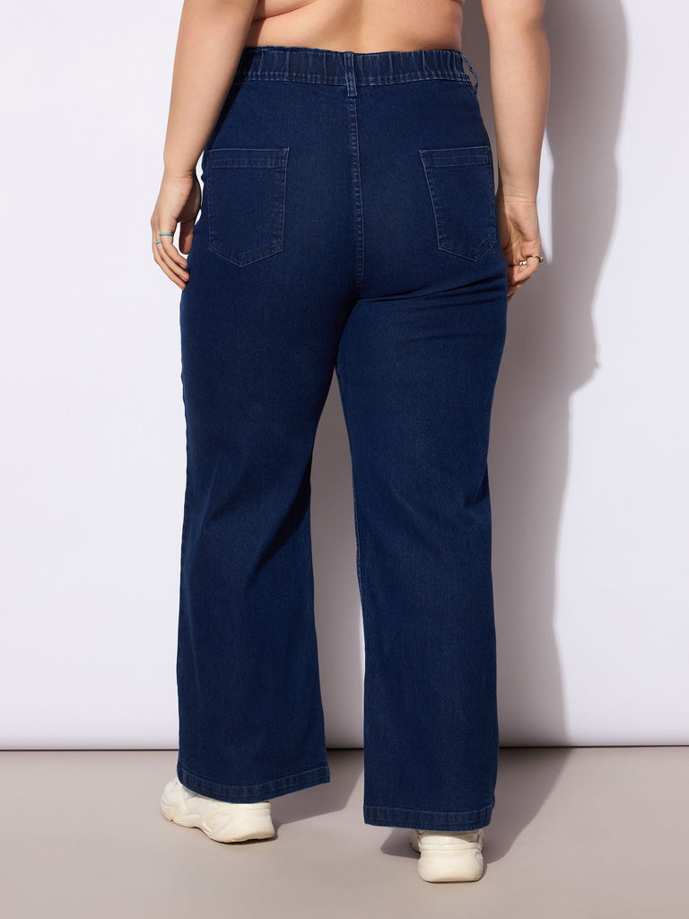 Women's Blue Denim Front Seam Detail Straight Jea