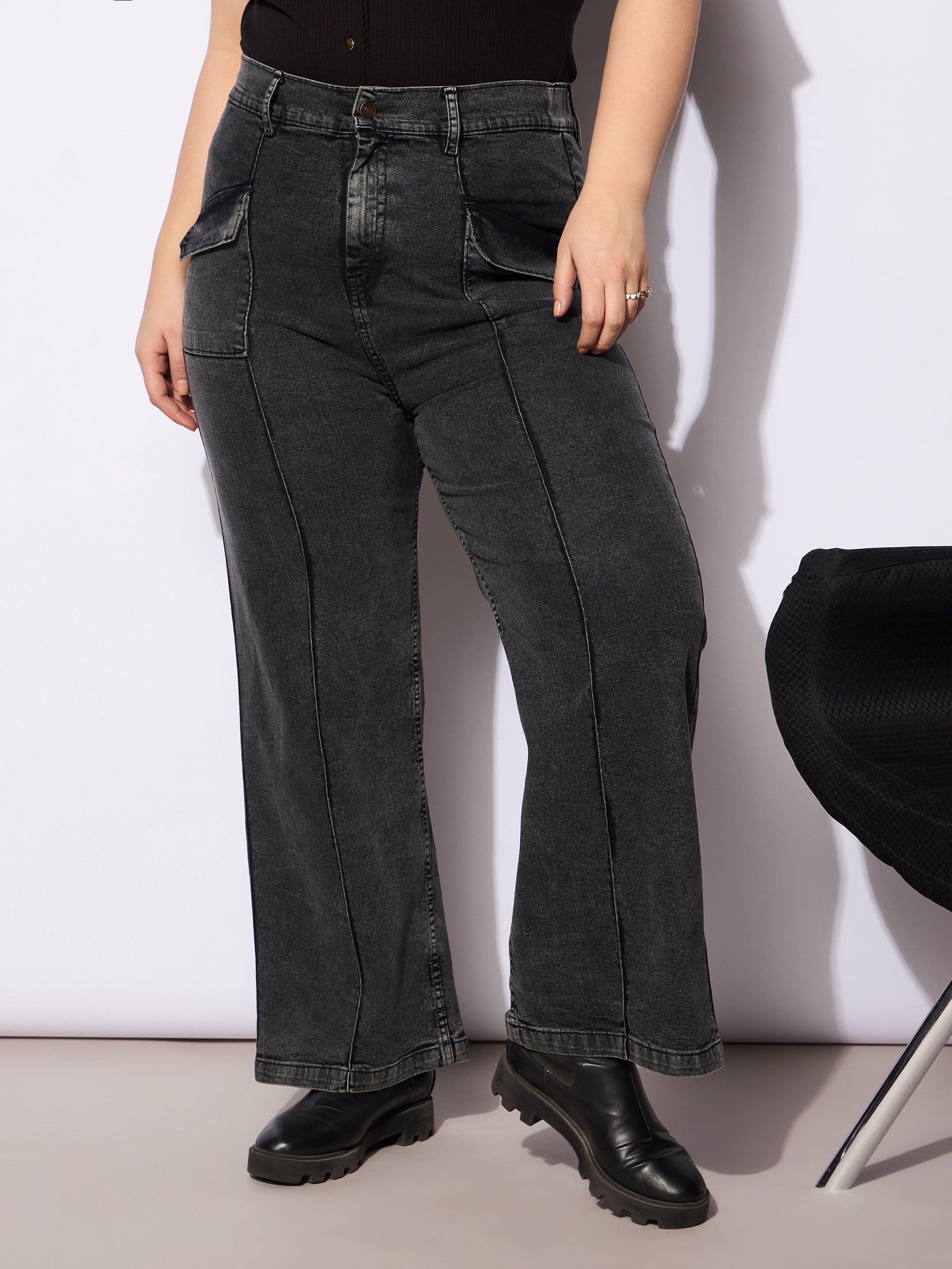 Women's Black Denim Front Seam Detail Straight Jeans-SASSAFRAS