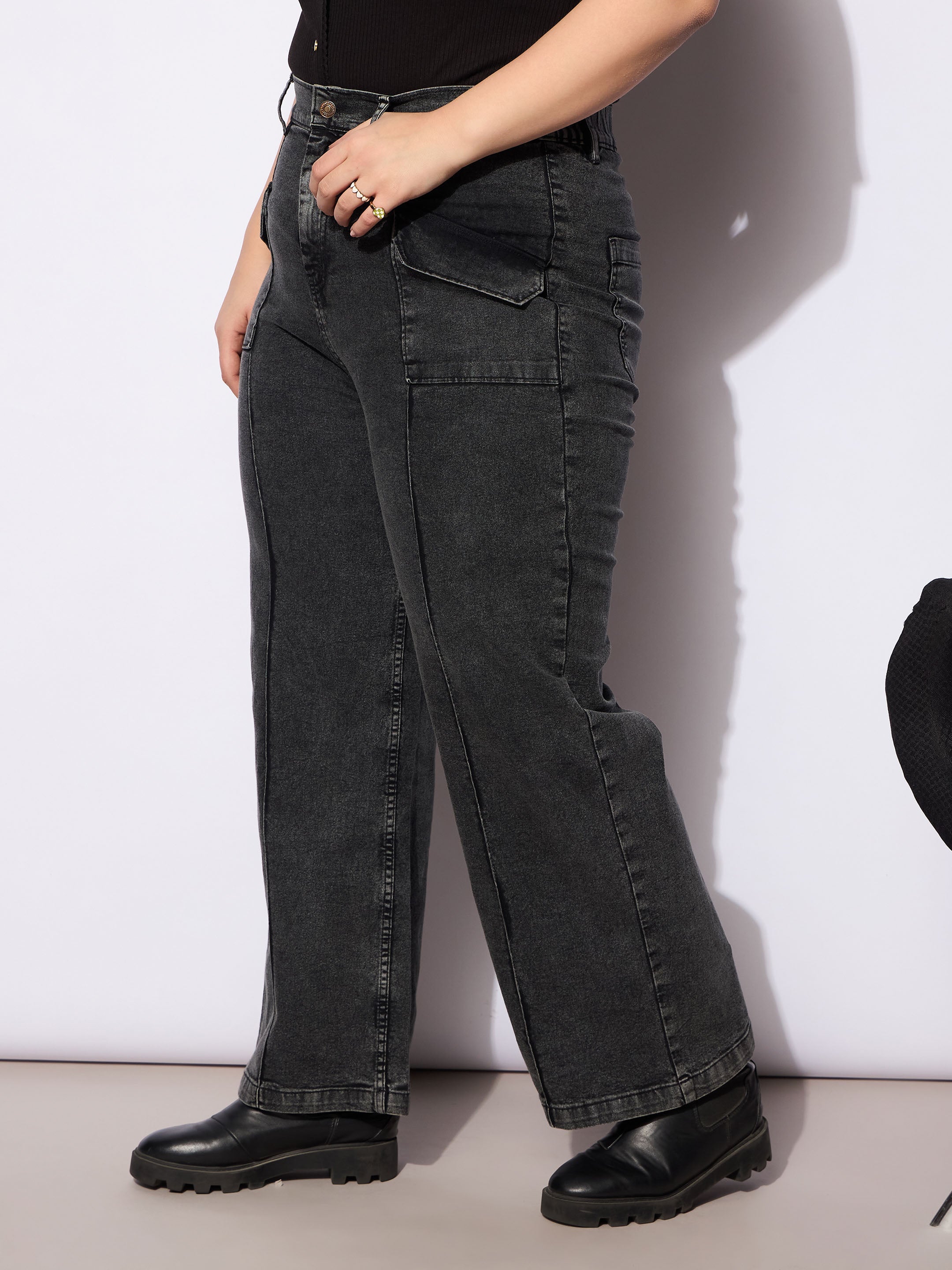 Women's Black Denim Front Seam Detail Straight Jeans-SASSAFRAS