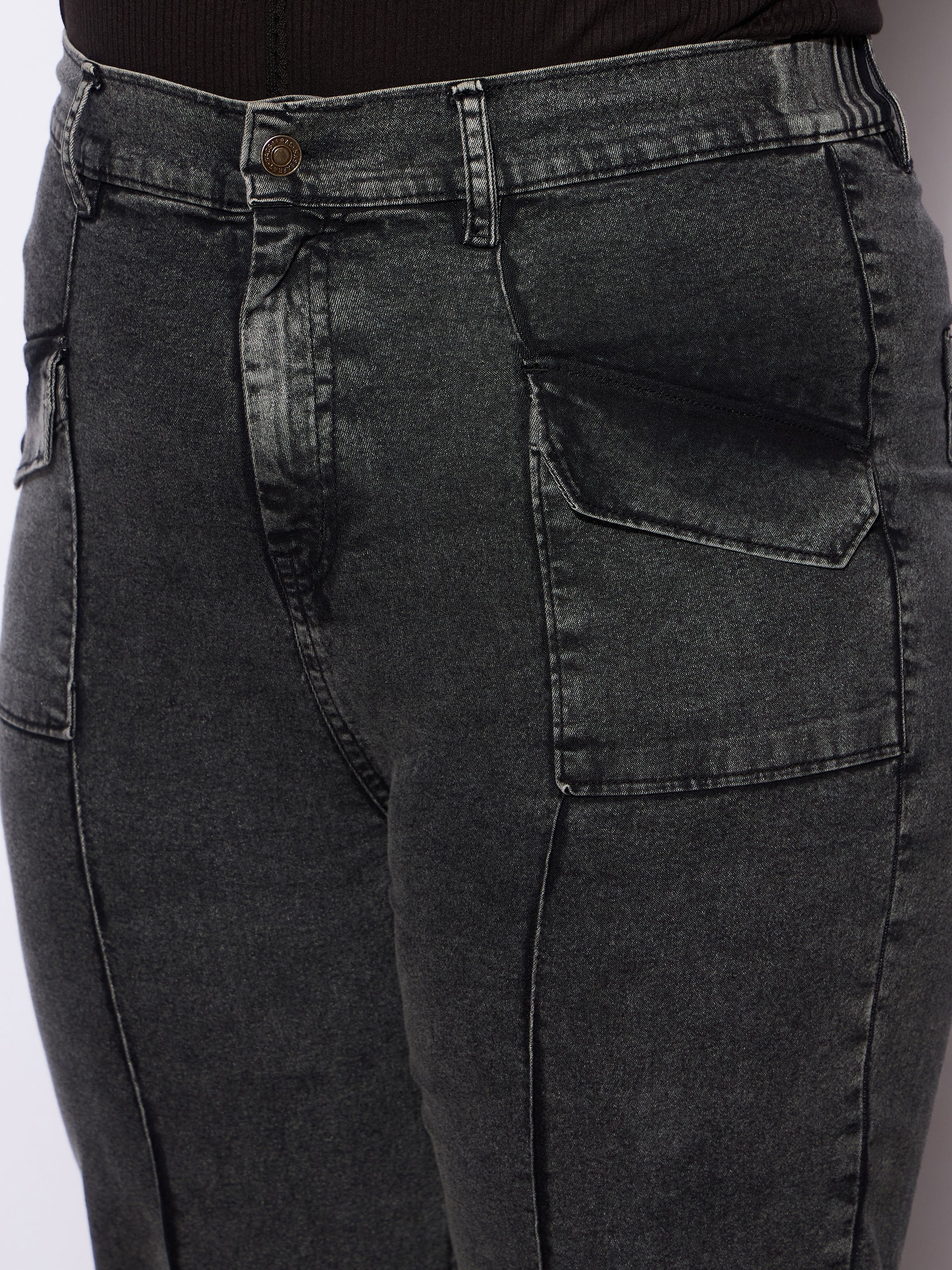 Women's Black Denim Front Seam Detail Straight Jeans-SASSAFRAS