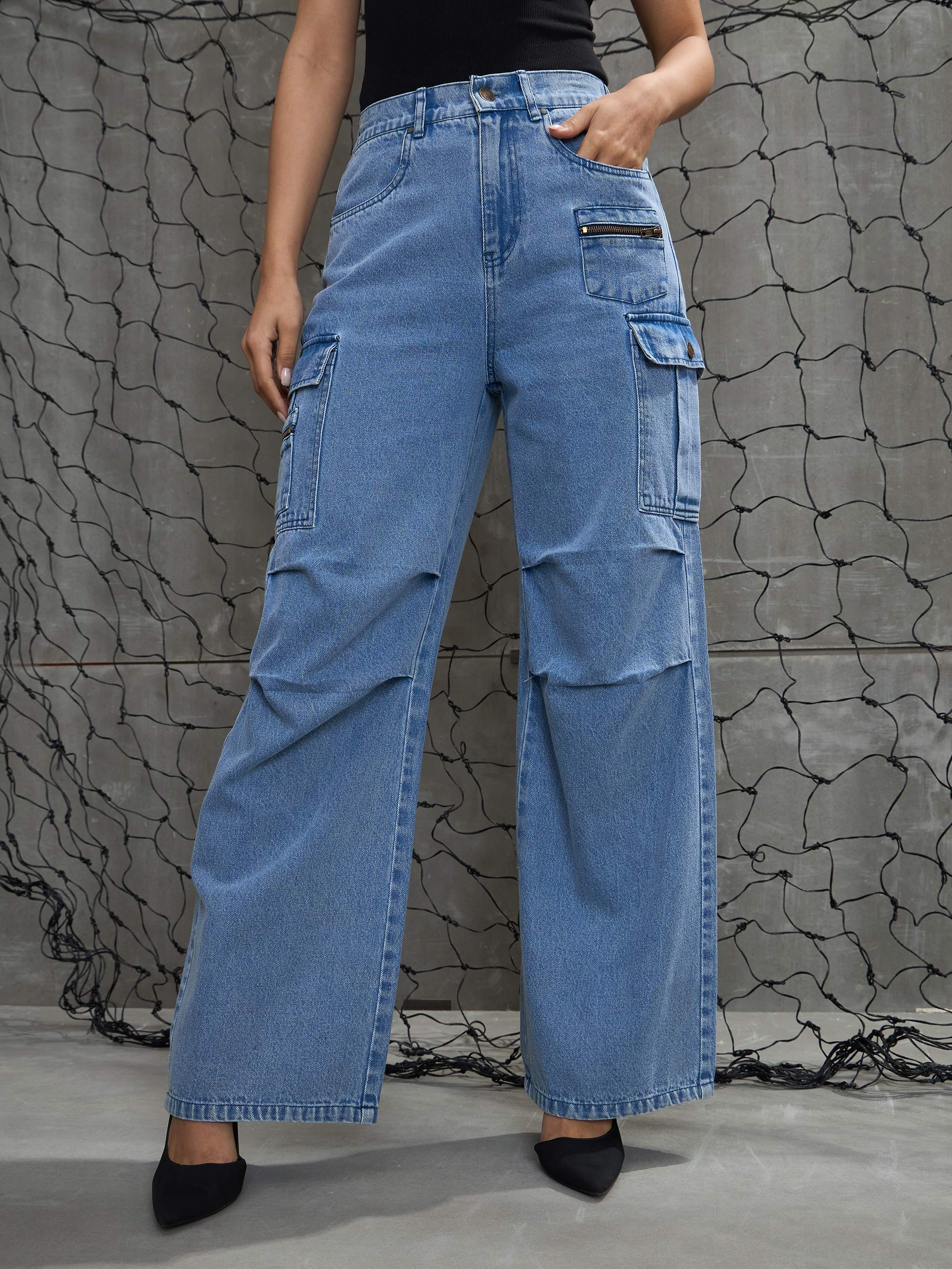 Women's Blue Denim Pleated Knee Cargo Jea