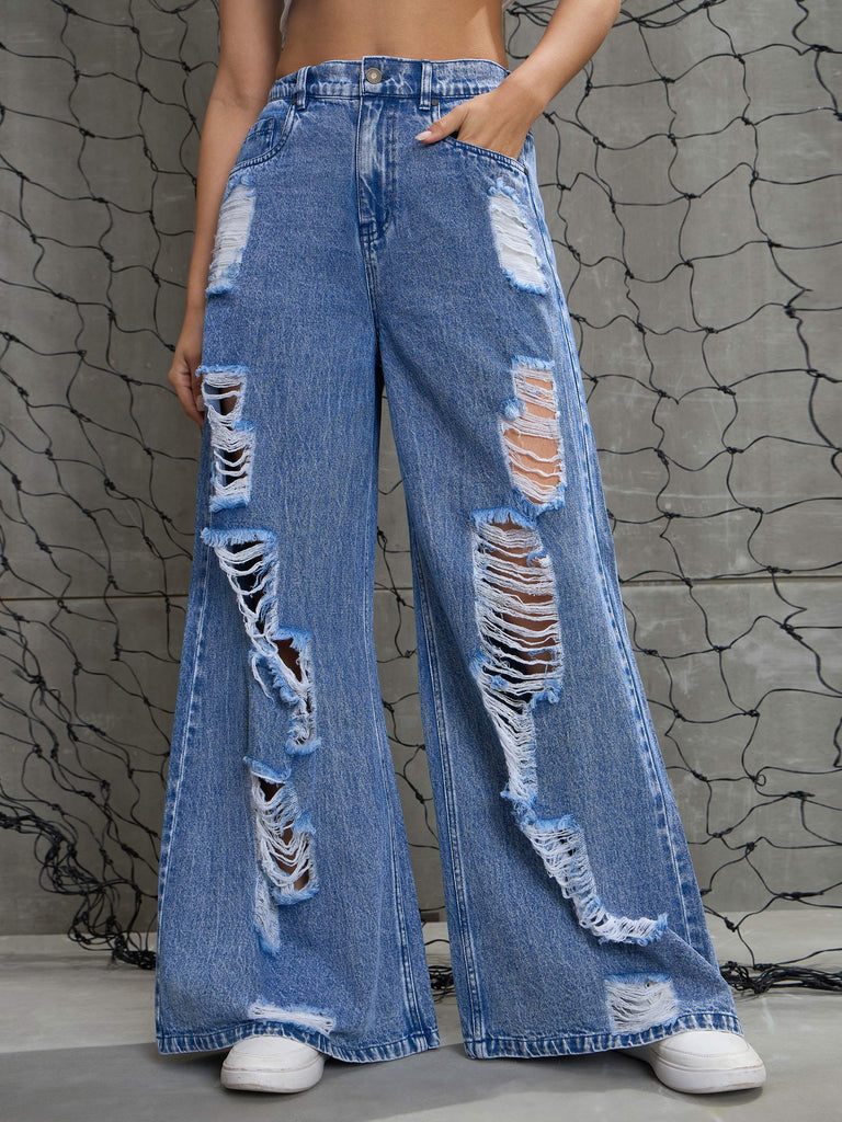 Women's Blue Washed Denim Distressed Jea