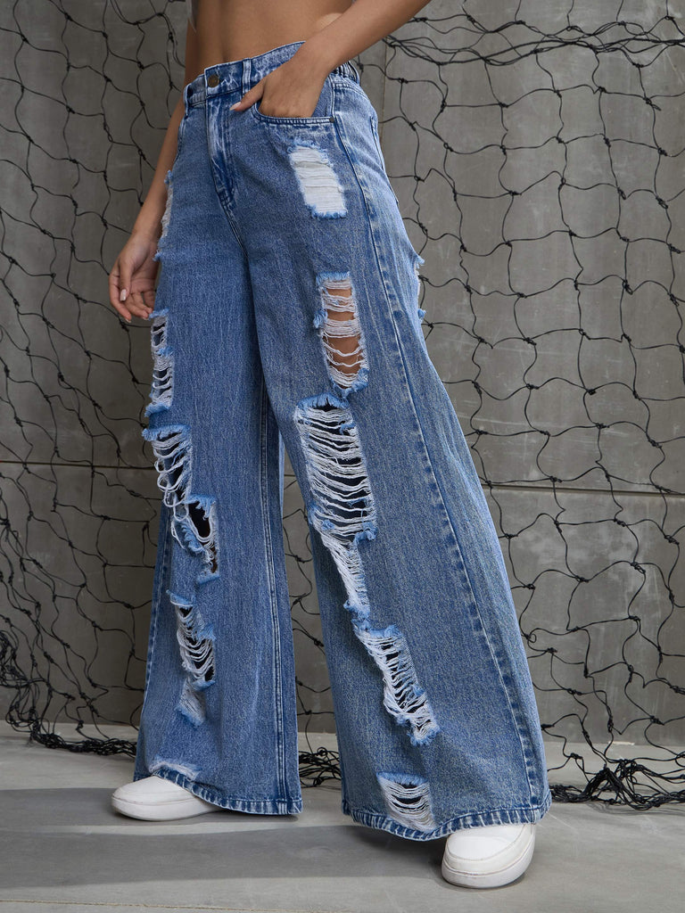 Women's Blue Washed Denim Distressed Jea