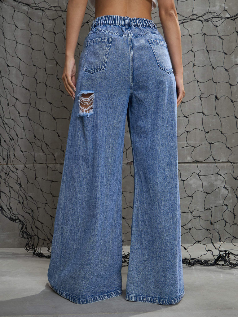Women's Blue Washed Denim Distressed Jea