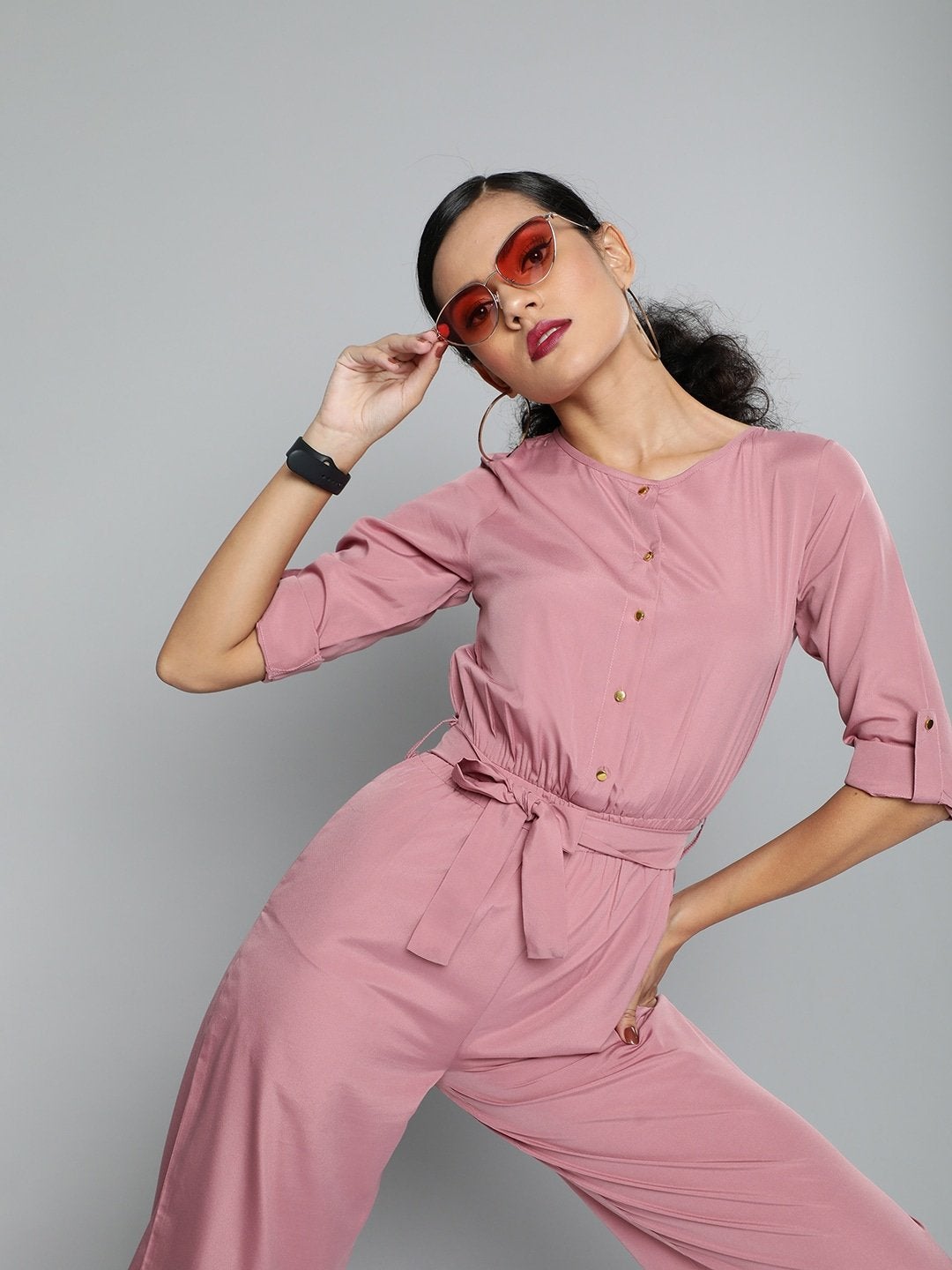 Women's Dusty Pink Front Button Regular Jumpsuit