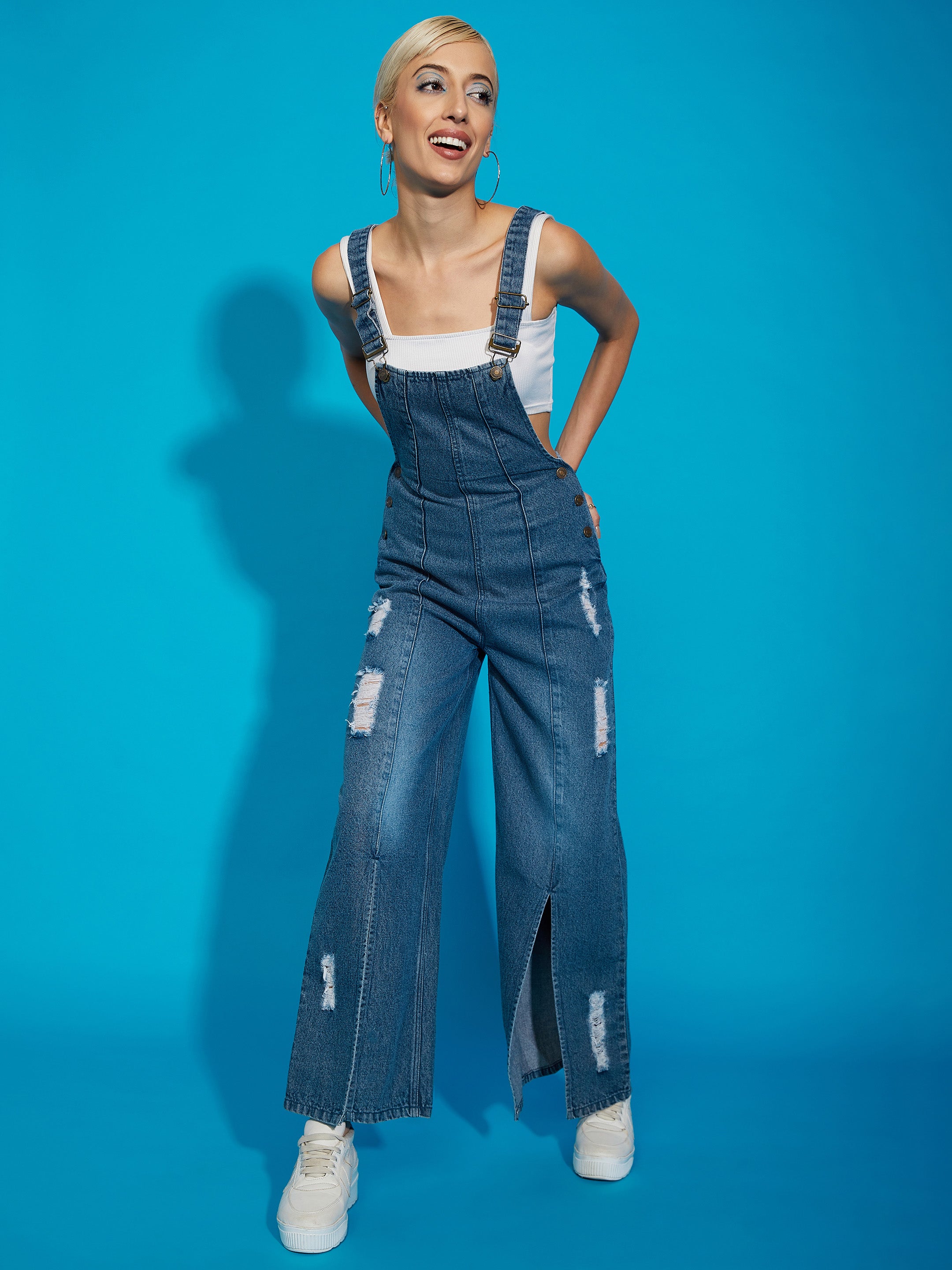 Women's Blue Acid Wash Denim Distress Regular Jumpsuit