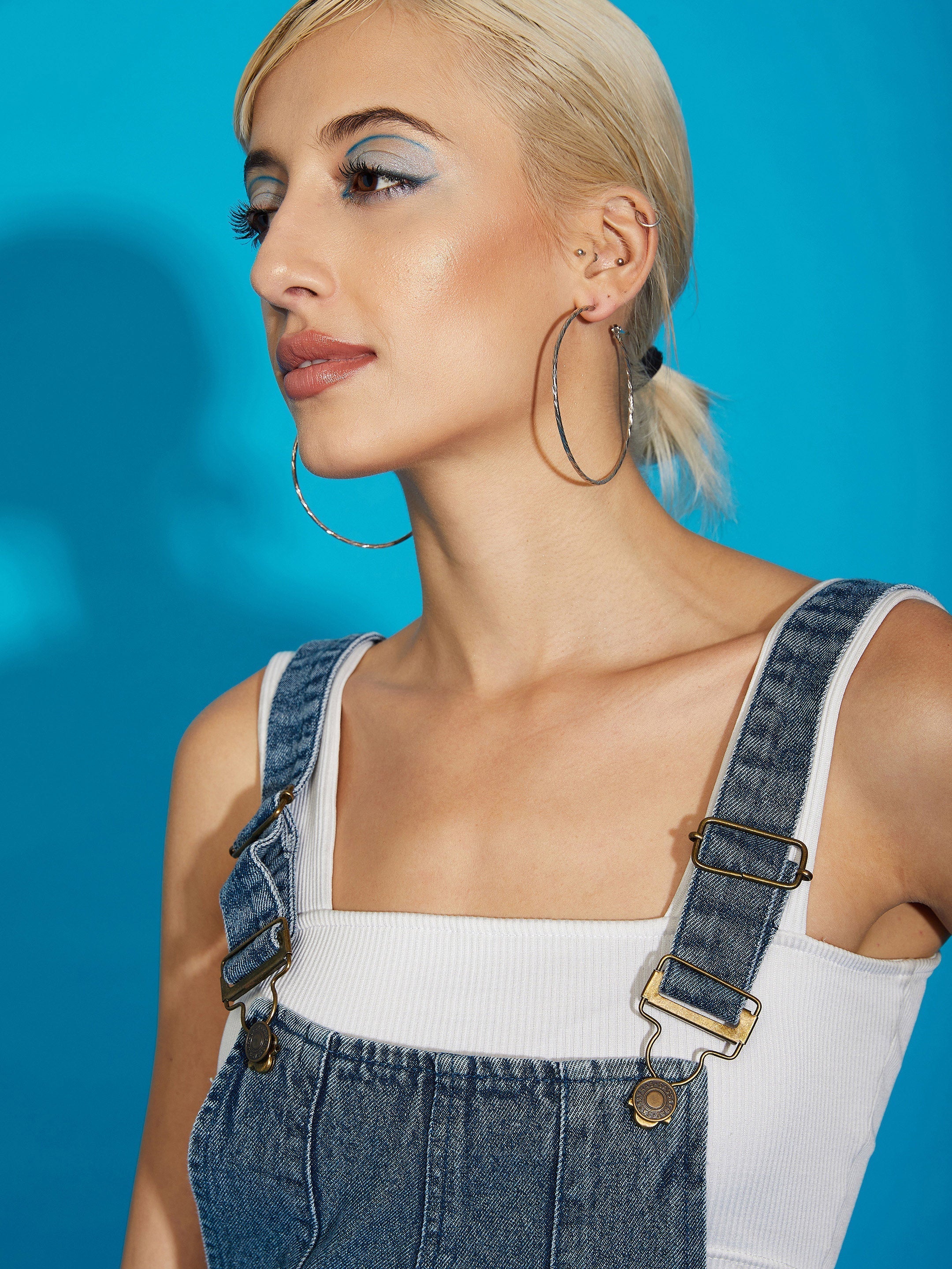 Women's Blue Acid Wash Denim Distress Regular Jumpsuit