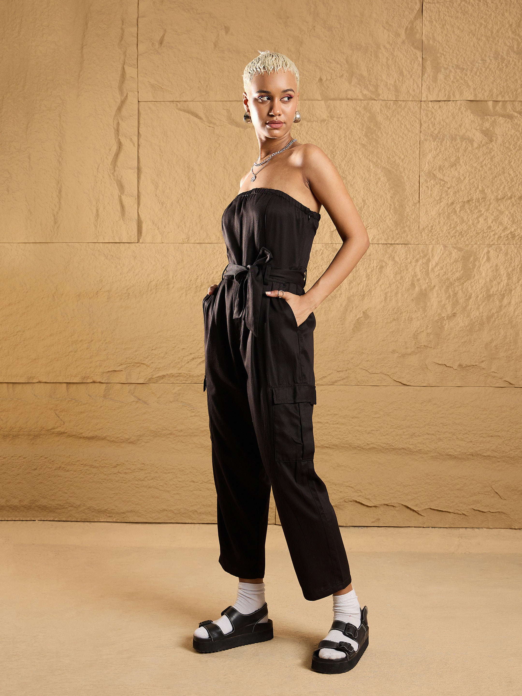 Women's Black Solid Jumpsuit - Sassafras