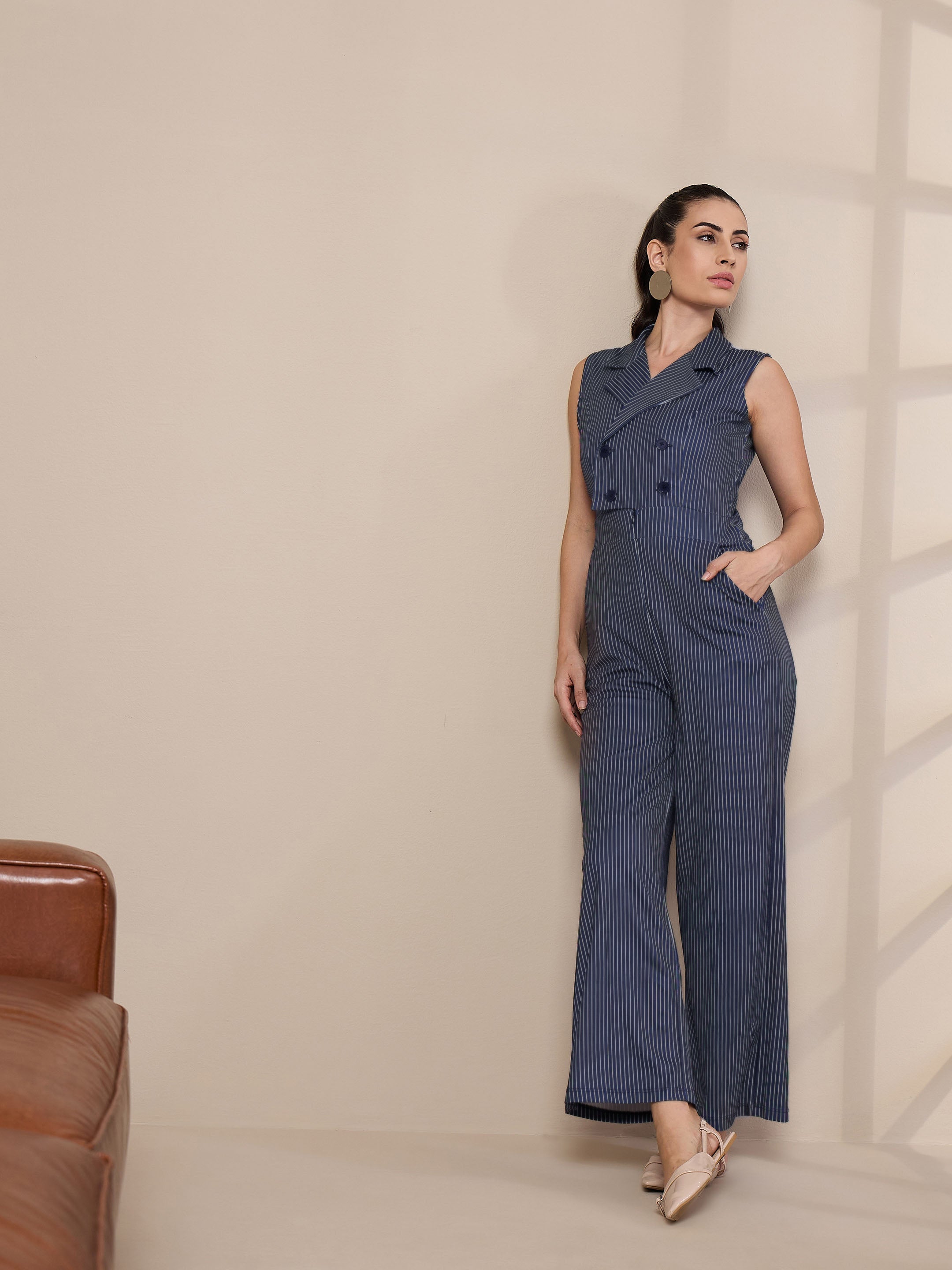 Women's Navy Blue Striped Jumpsuit - Sassafras