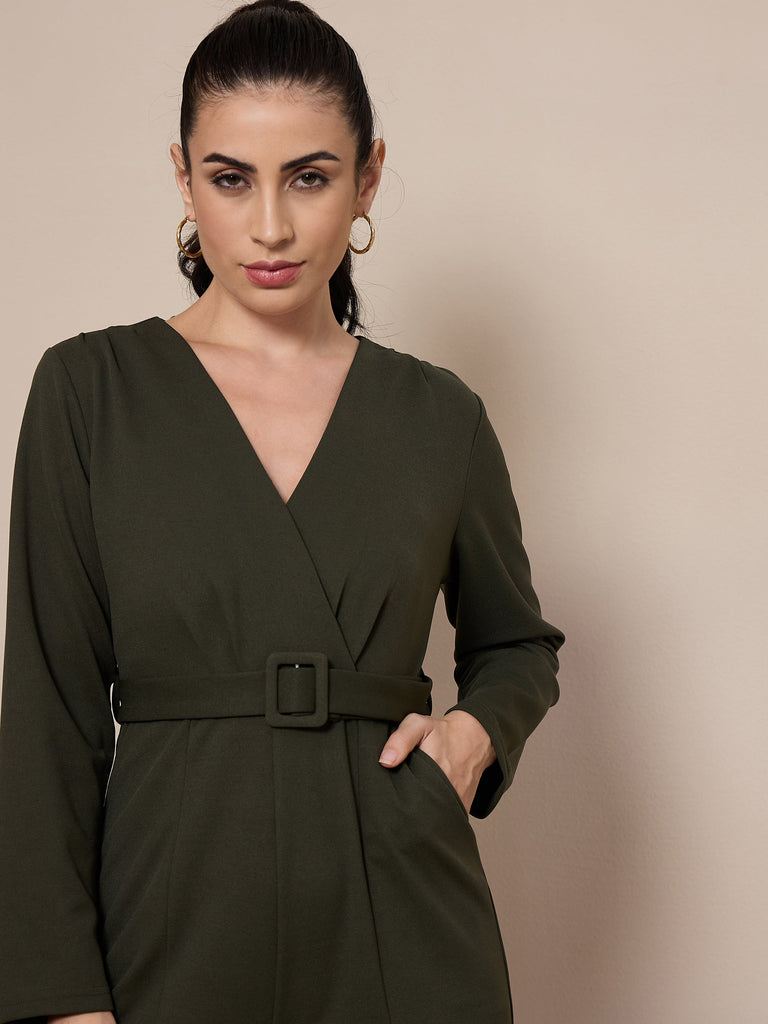 Women's Olive Solid Jumpsuit