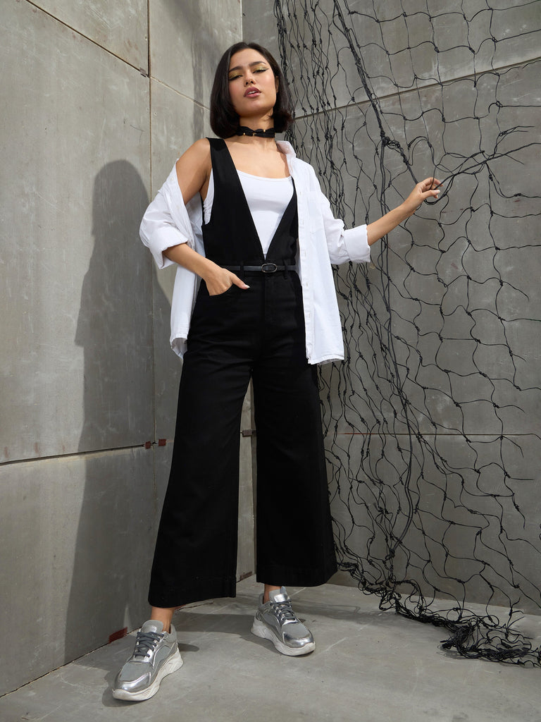 Women's Jet Black Deep V-Neck Denim Flared Leg Jumpsu