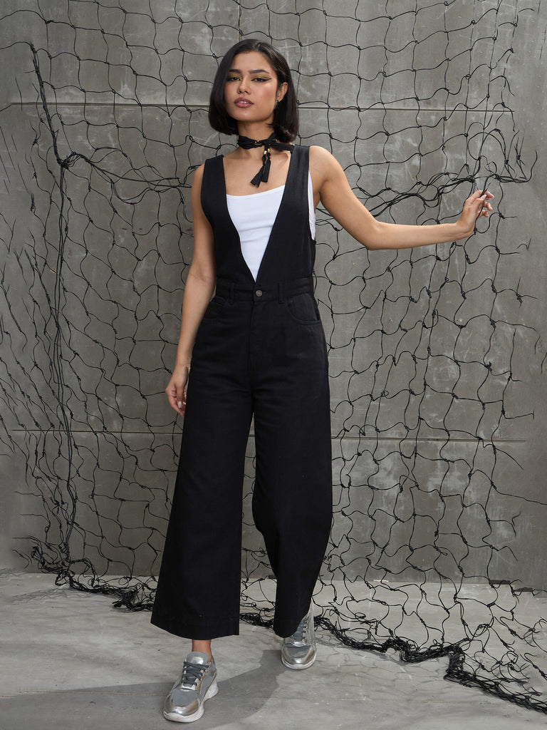 Women's Jet Black Deep V-Neck Denim Flared Leg Jumpsu