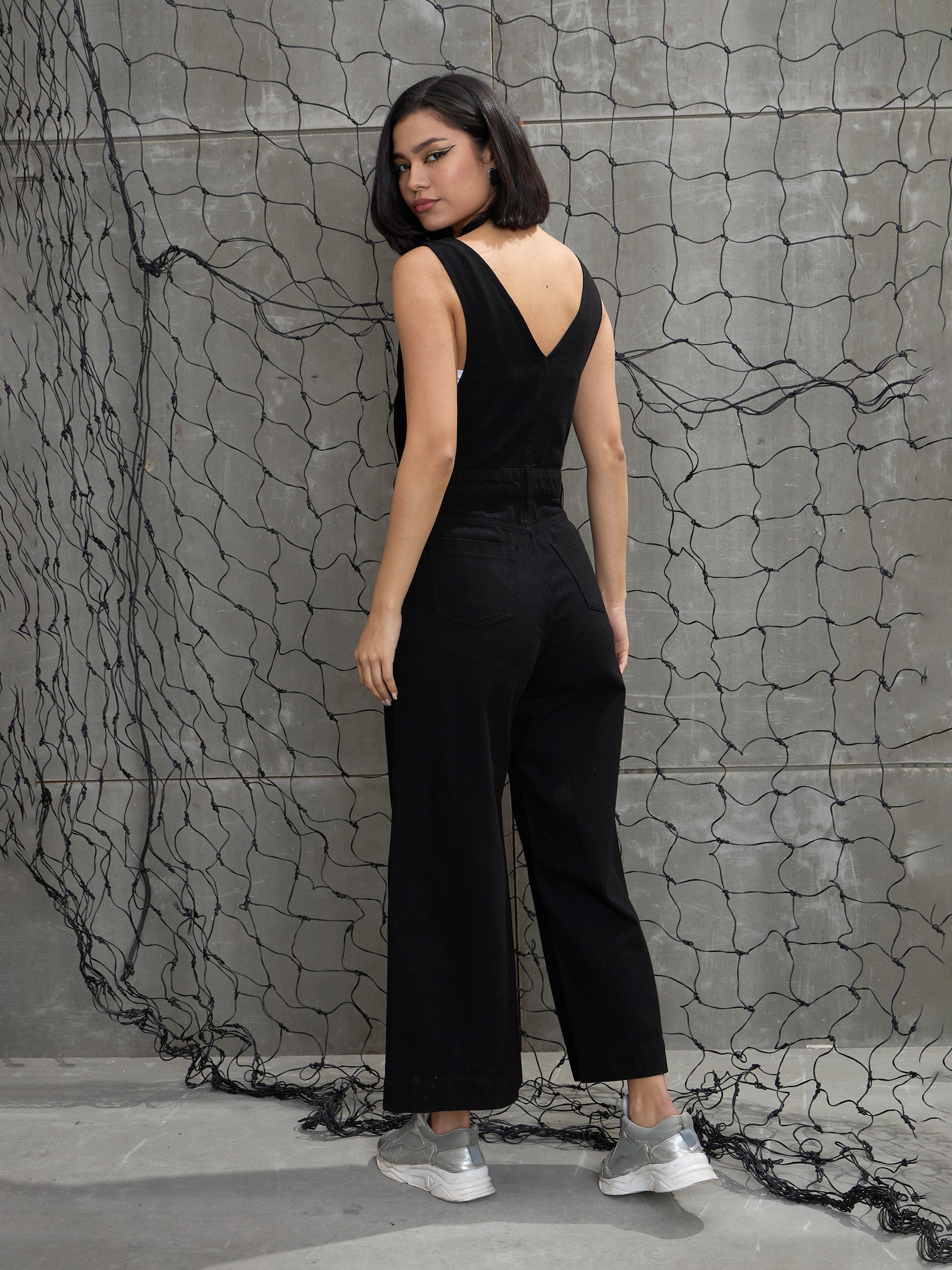 Women's Jet Black Deep V-Neck Denim Flared Leg Jumpsuit-SASSAFRAS