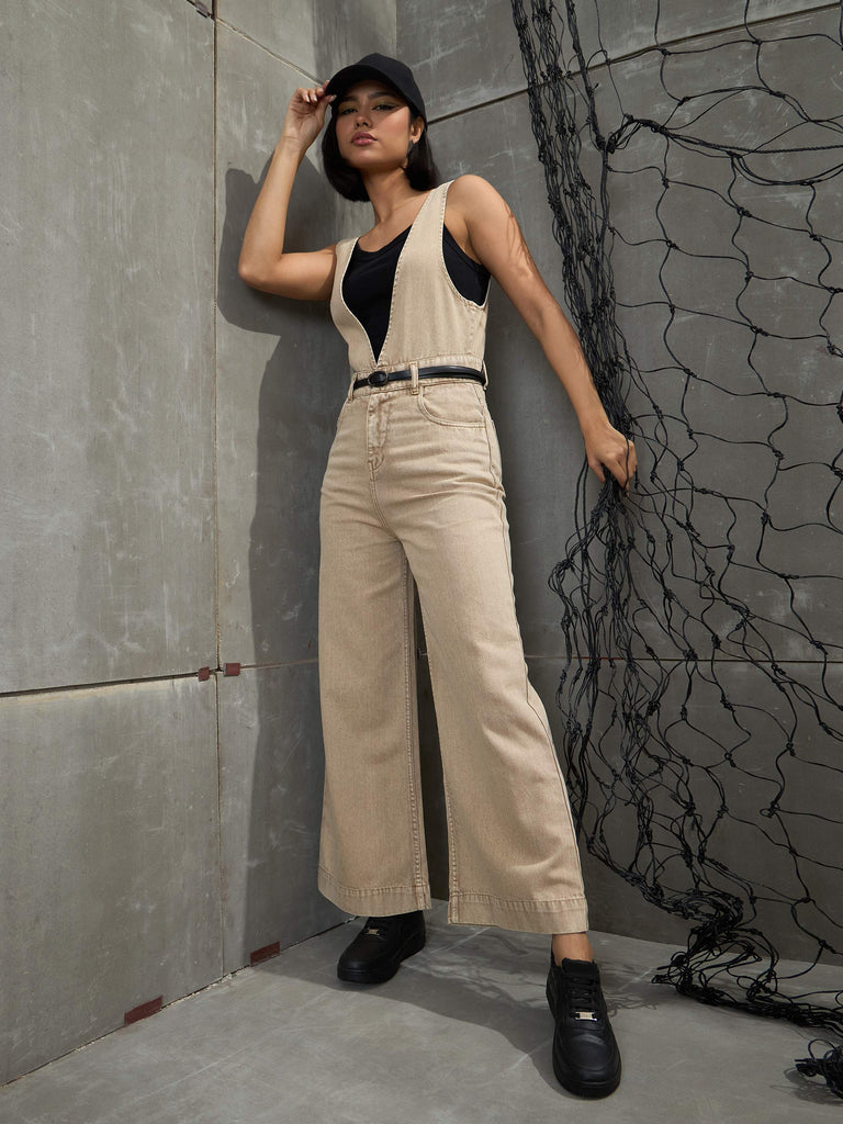 Women's Beige Deep V-Neck Denim Flared Leg Jumpsu