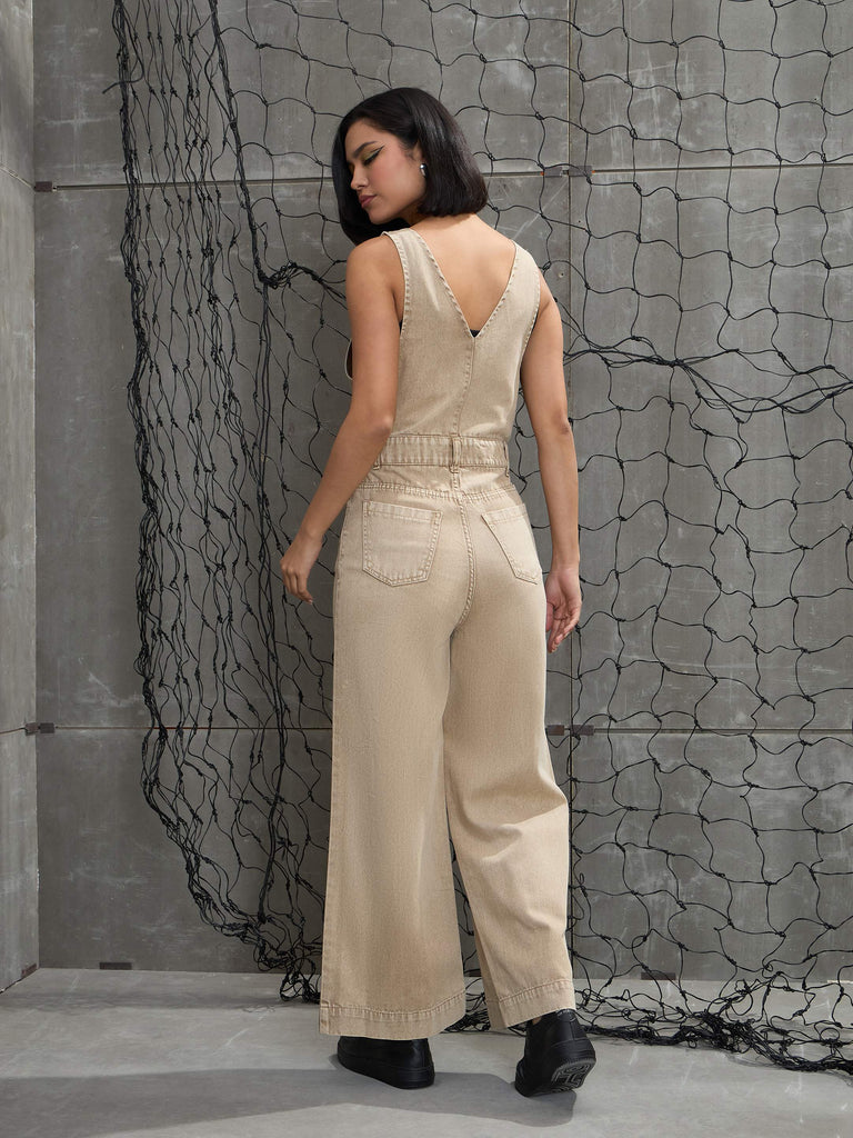 Women's Beige Deep V-Neck Denim Flared Leg Jumpsu