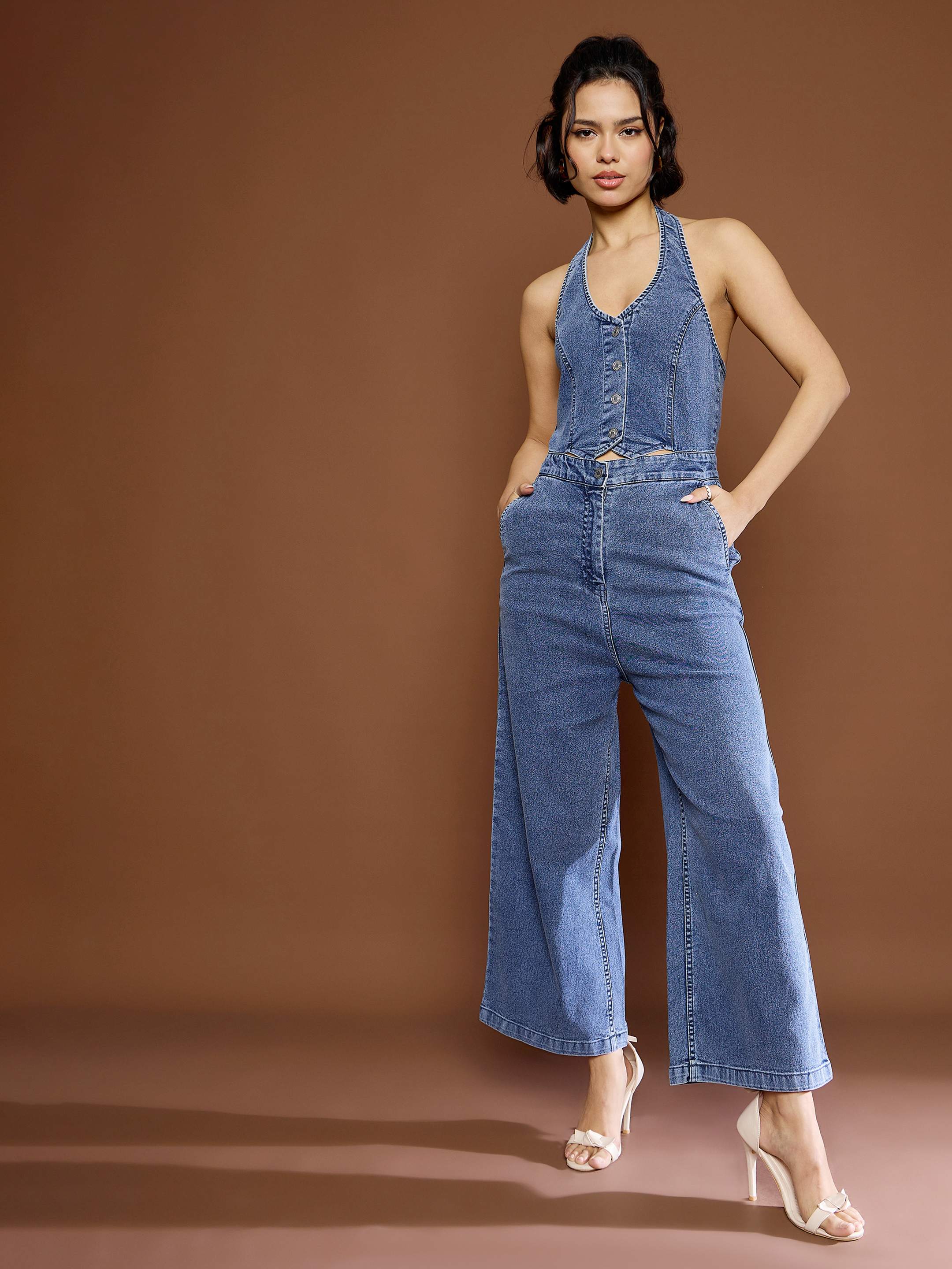 Women's Blue Blast Denim Halter Neck Jumpsuit-SASSAFRAS