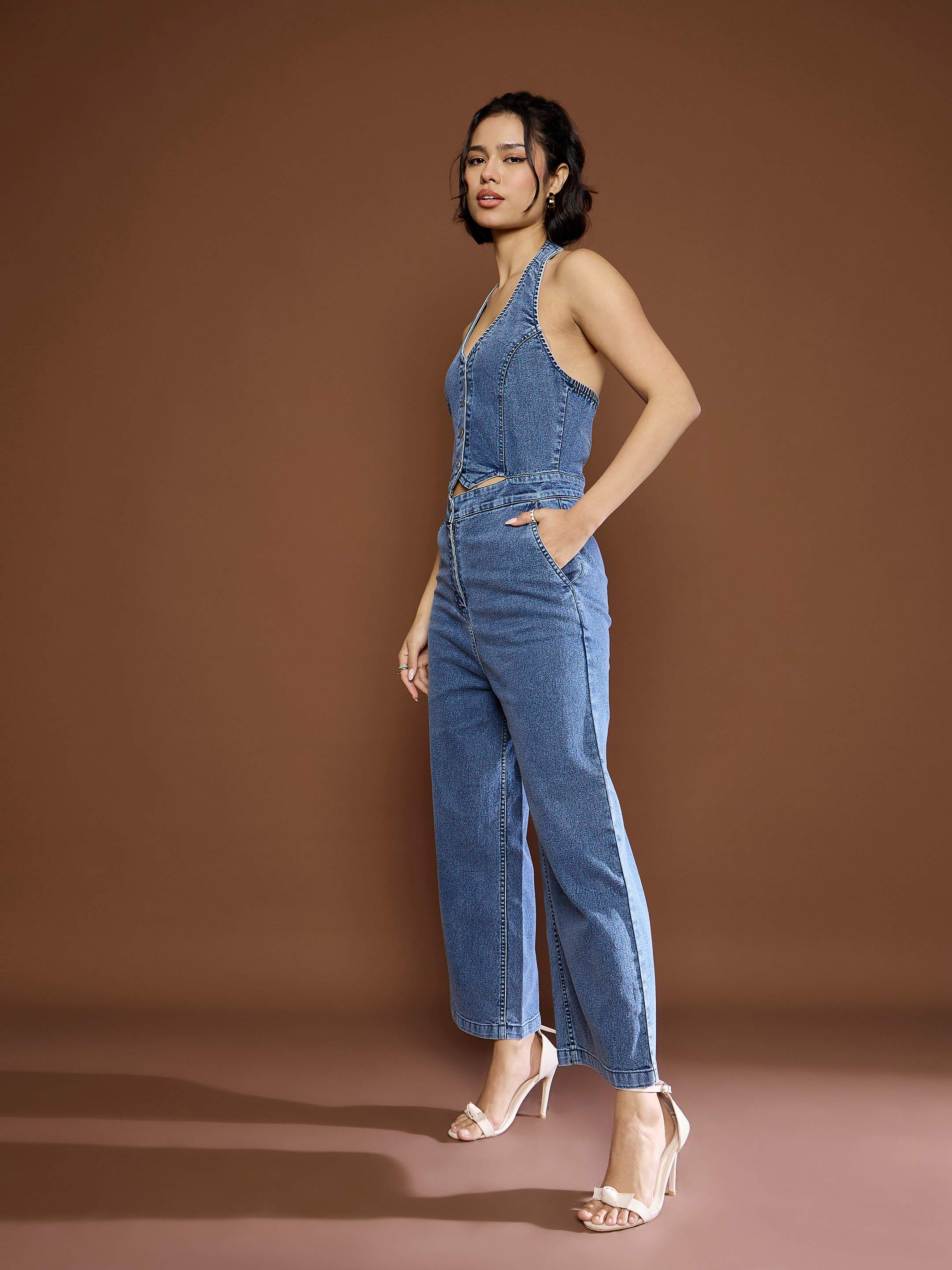 Women's Blue Blast Denim Halter Neck Jumpsuit-SASSAFRAS