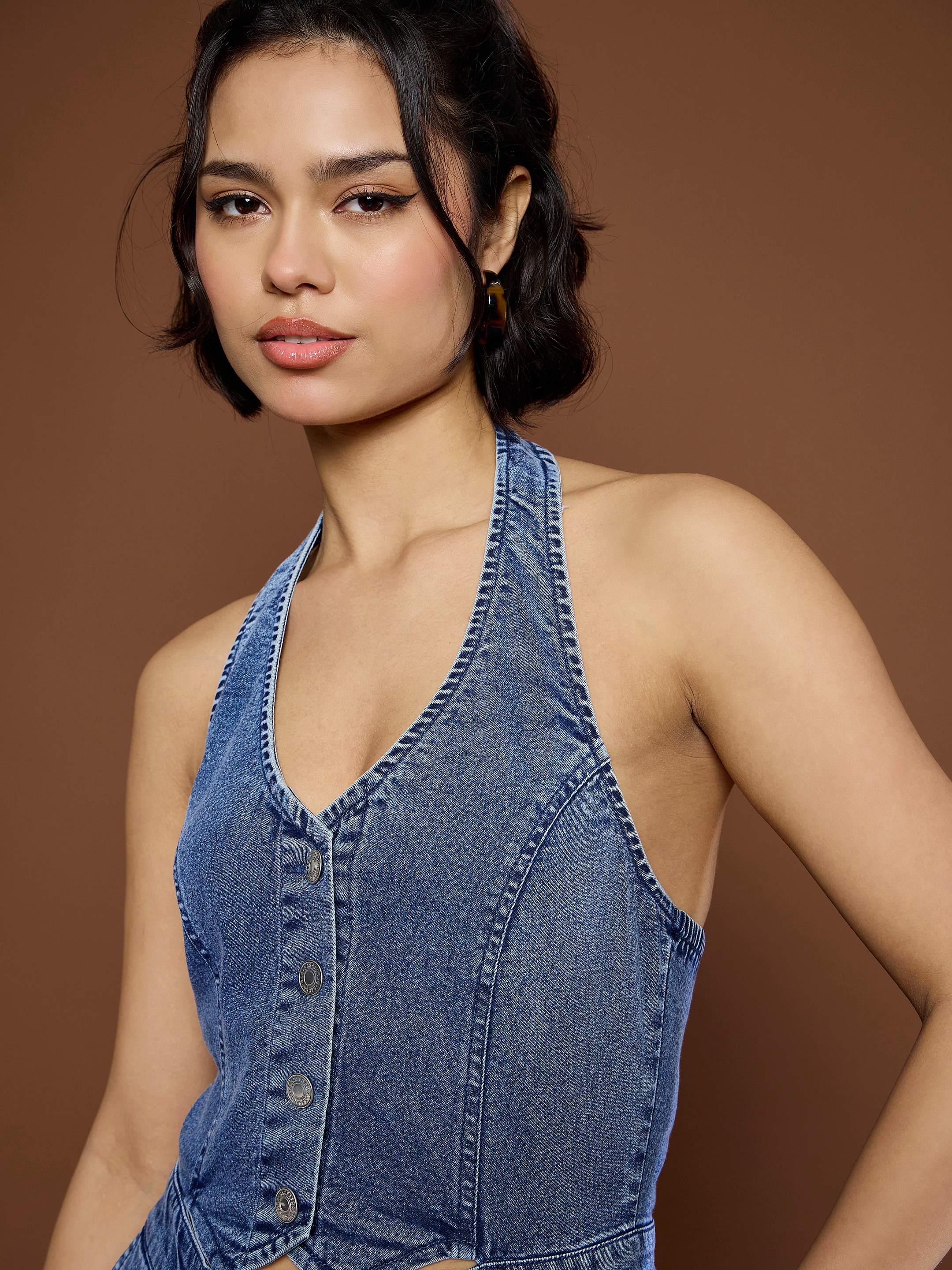 Women's Blue Blast Denim Halter Neck Jumpsuit-SASSAFRAS