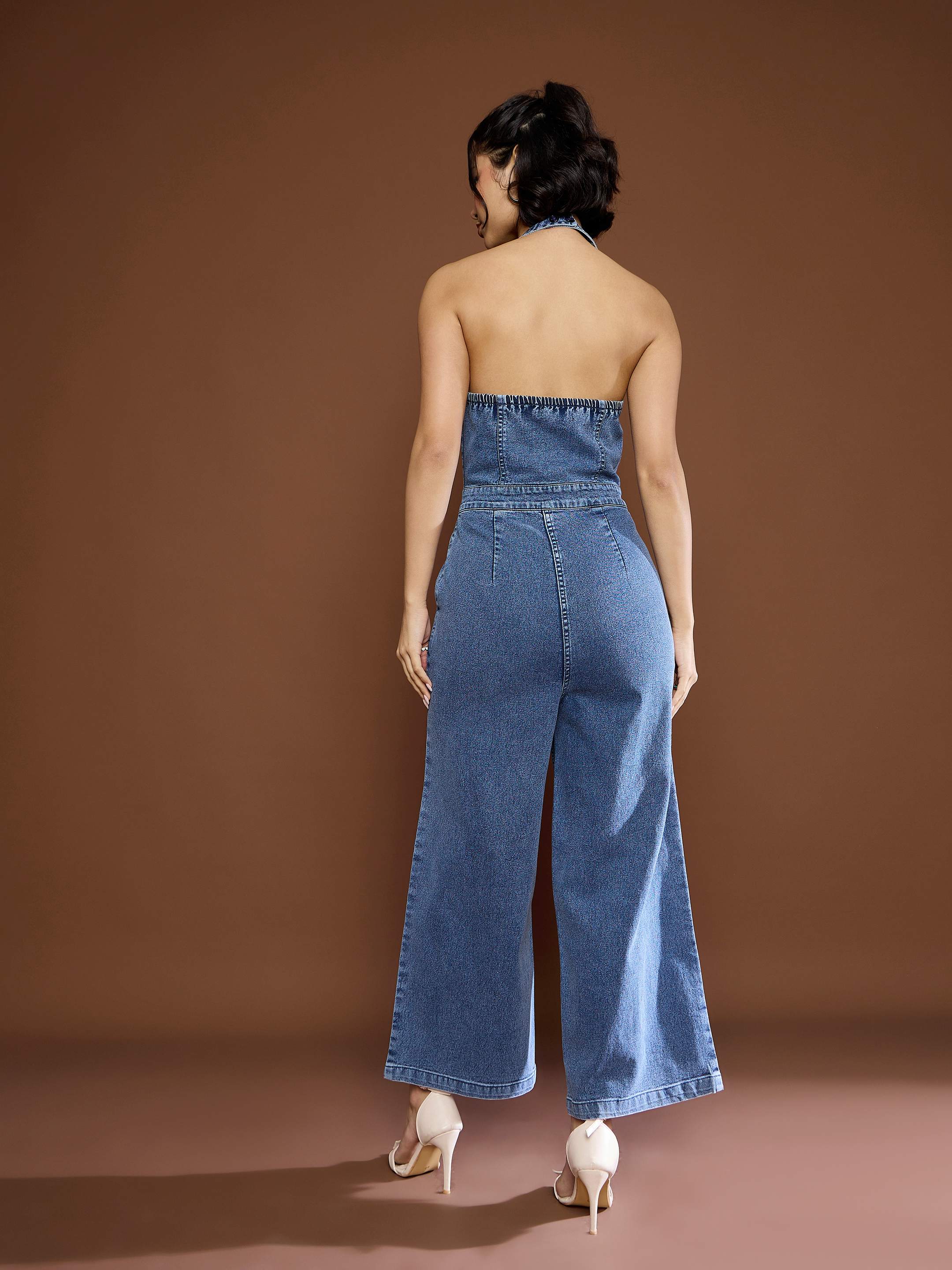 Women's Blue Blast Denim Halter Neck Jumpsuit-SASSAFRAS