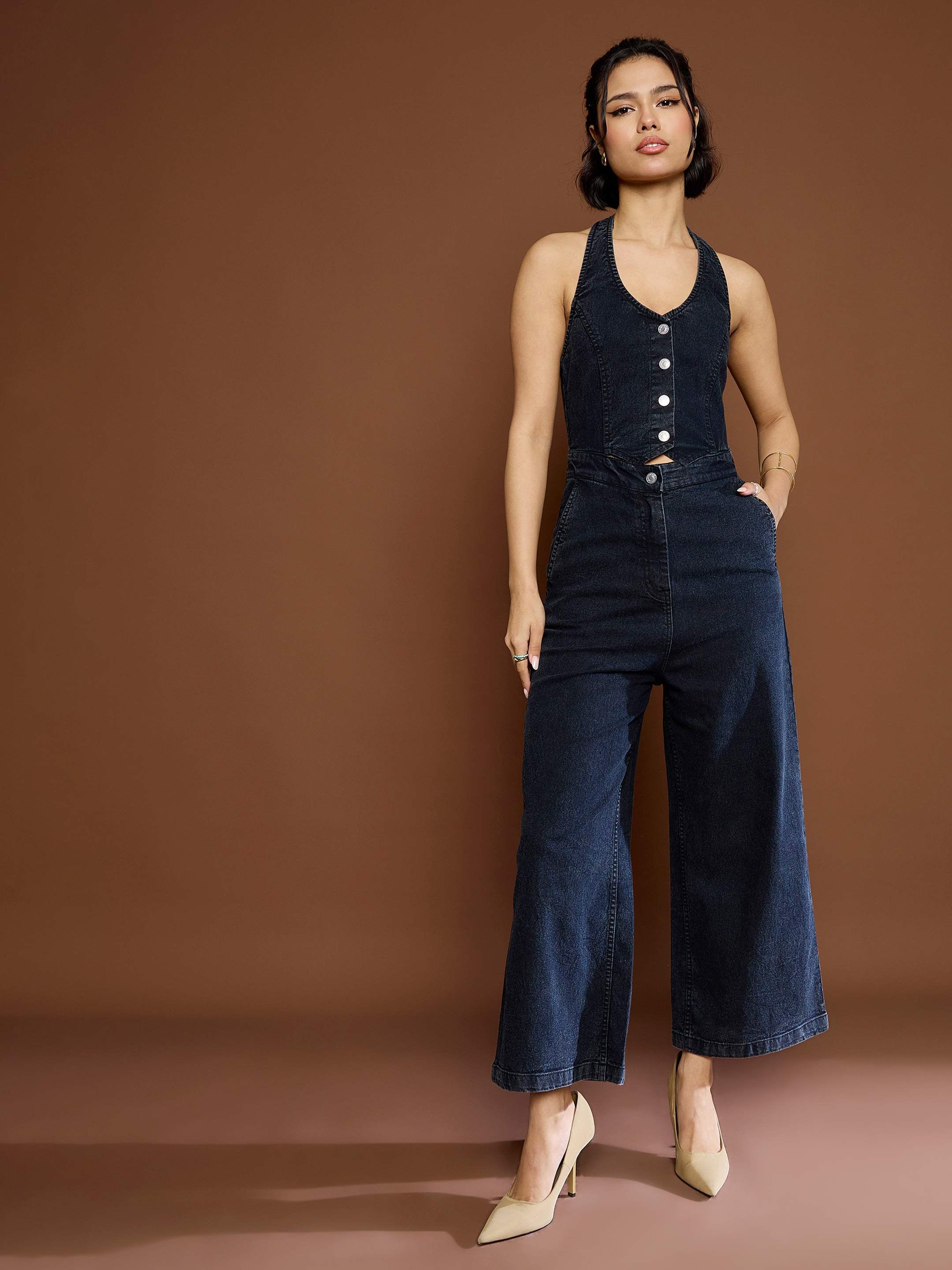 Women's Black Washed Denim Halter Neck Jumpsuit-SASSAFRAS