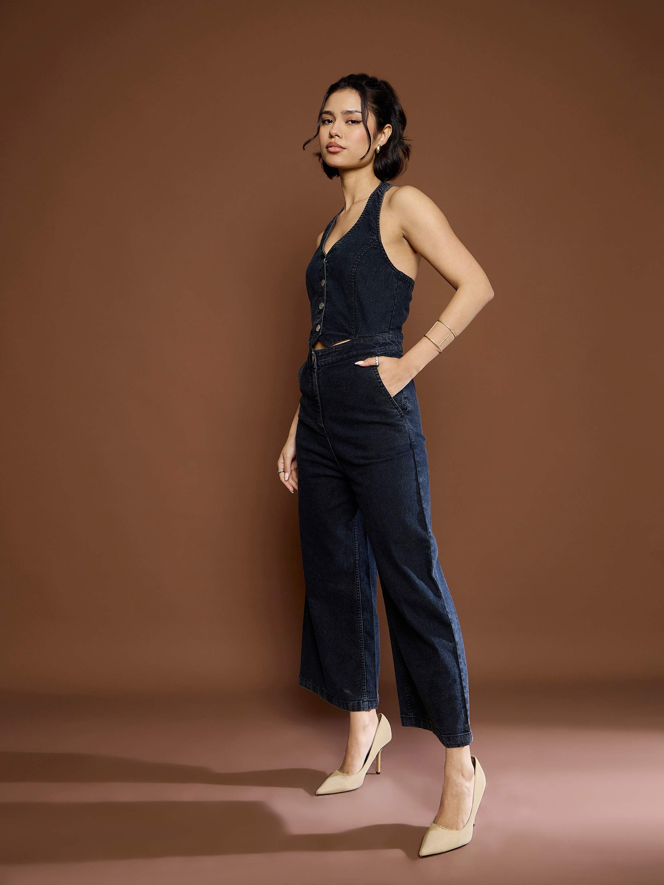 Women's Black Washed Denim Halter Neck Jumpsuit-SASSAFRAS