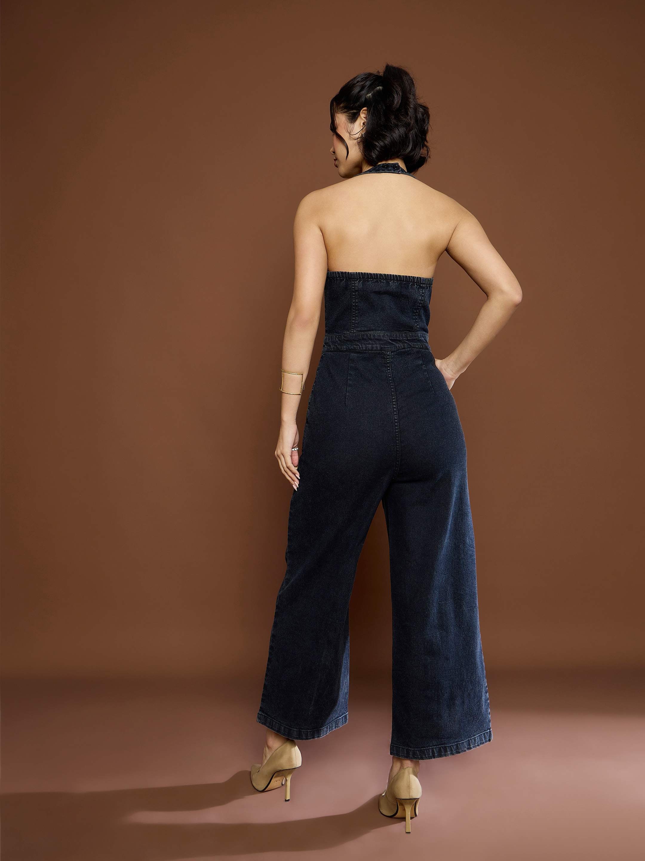 Women's Black Washed Denim Halter Neck Jumpsuit-SASSAFRAS