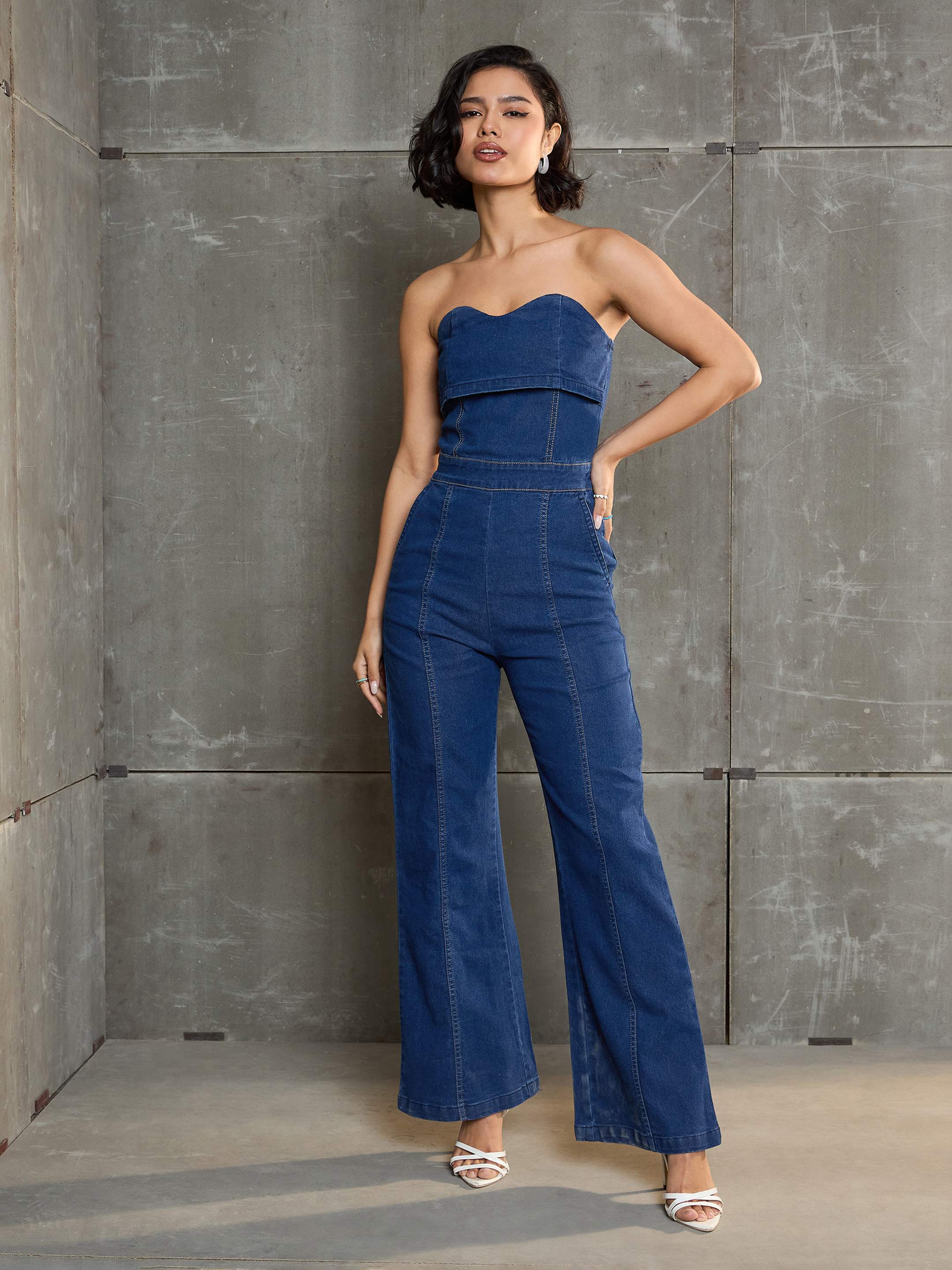 Women's Navy Blue Denim Off Shoulder Jumpsuit-SASSAFRAS