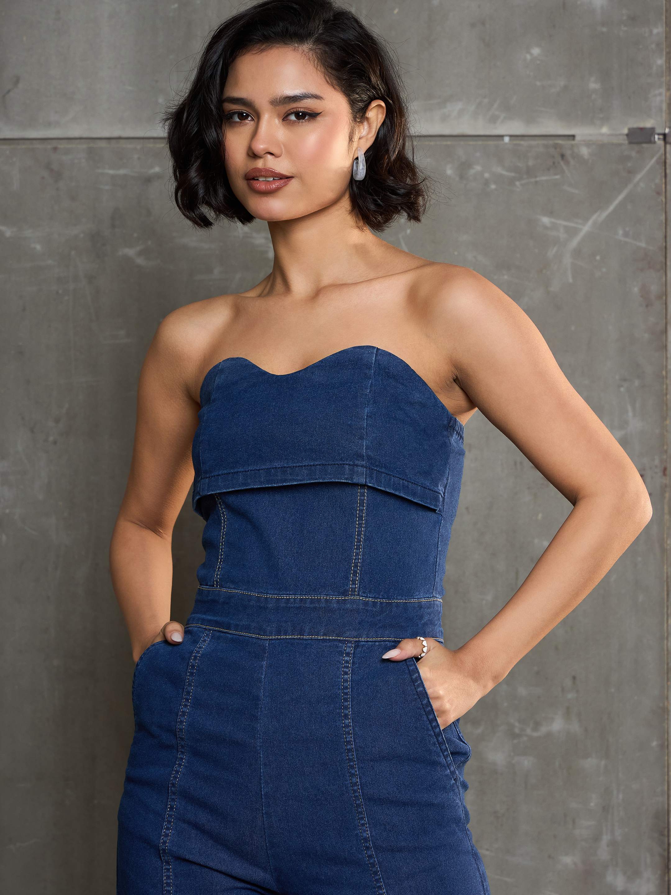 Women's Navy Blue Denim Off Shoulder Jumpsuit-SASSAFRAS