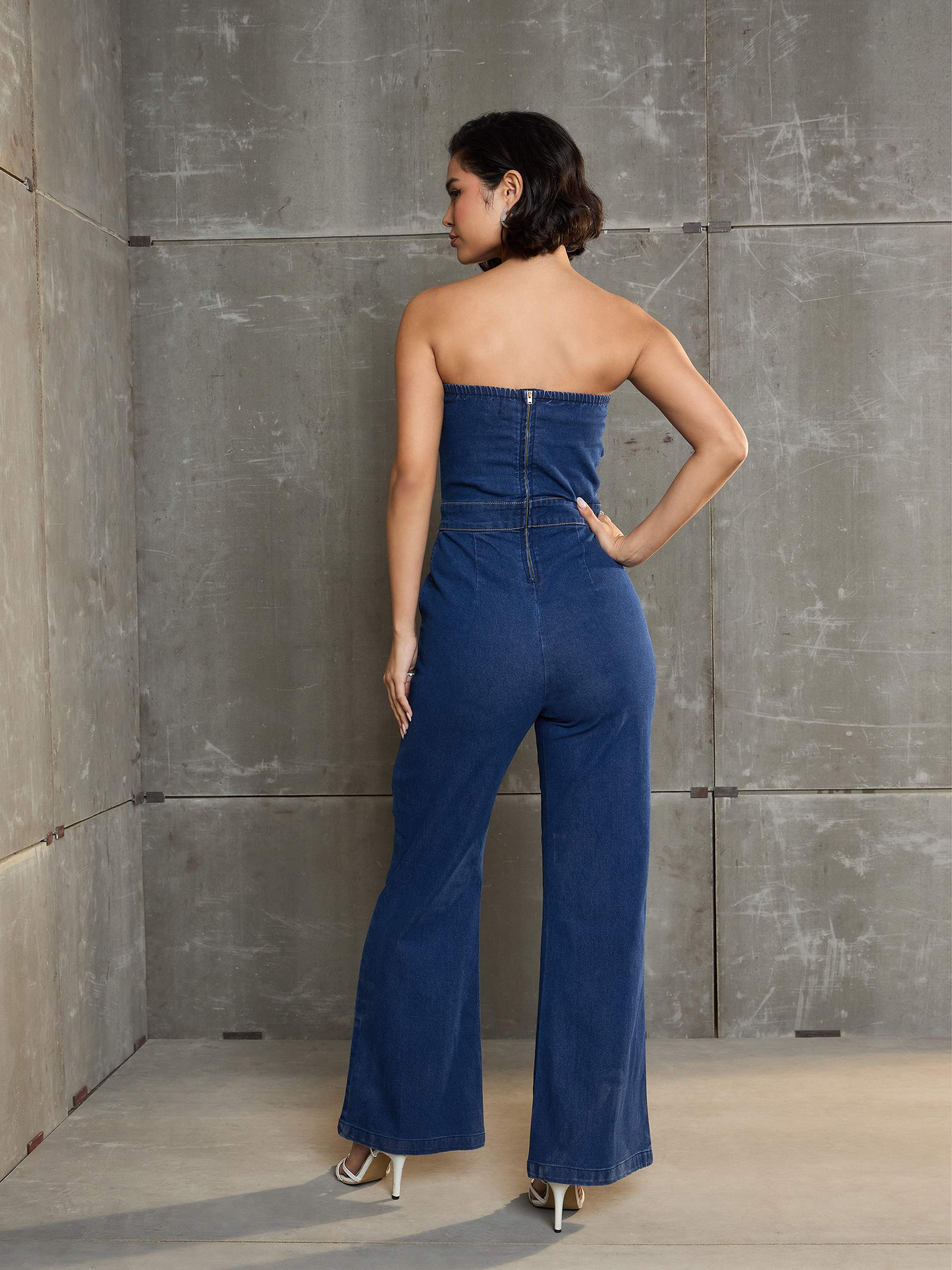 Women's Navy Blue Denim Off Shoulder Jumpsuit-SASSAFRAS