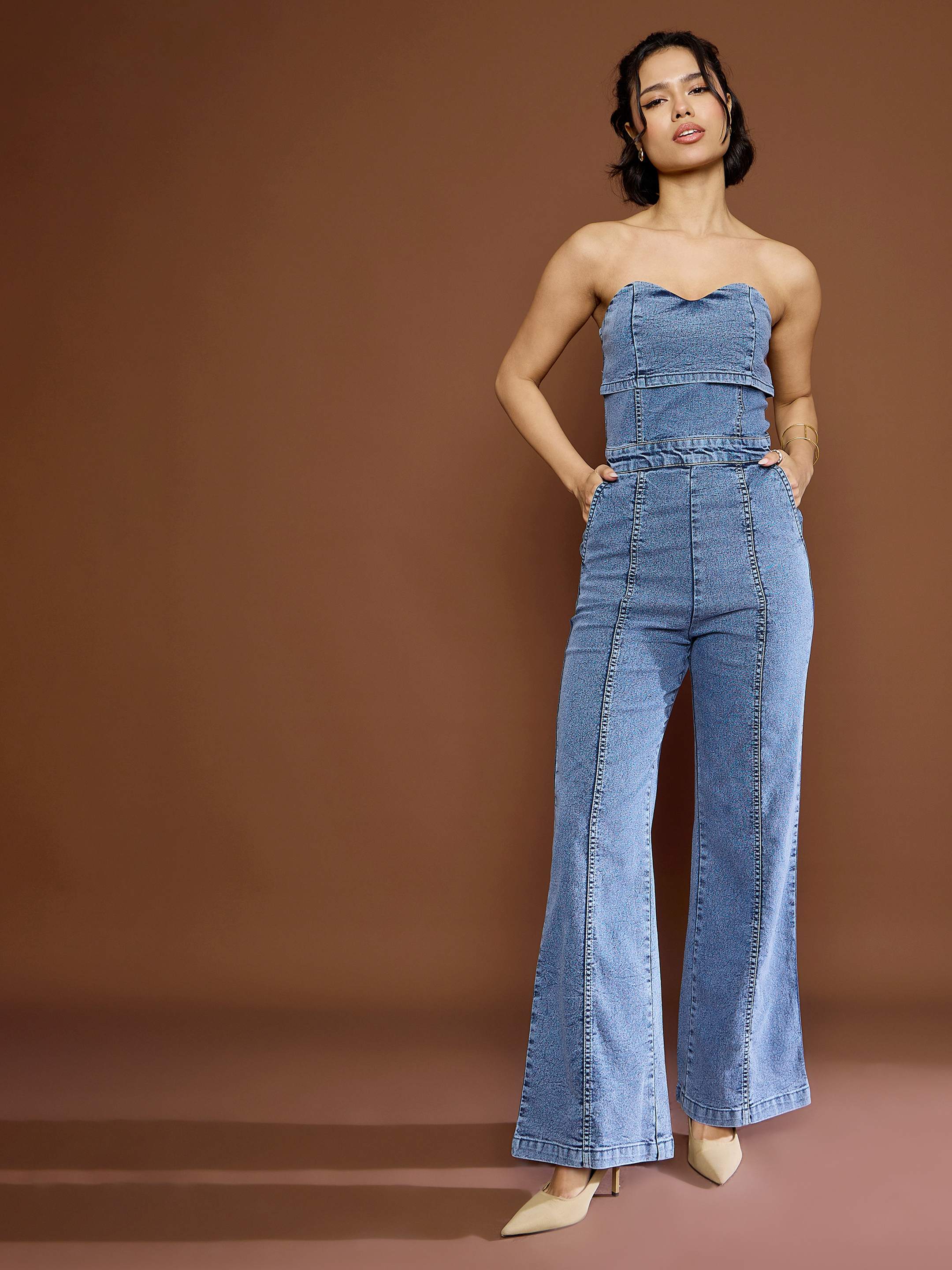 Women's Blue Blast Denim Off Shoulder Jumpsuit-SASSAFRAS