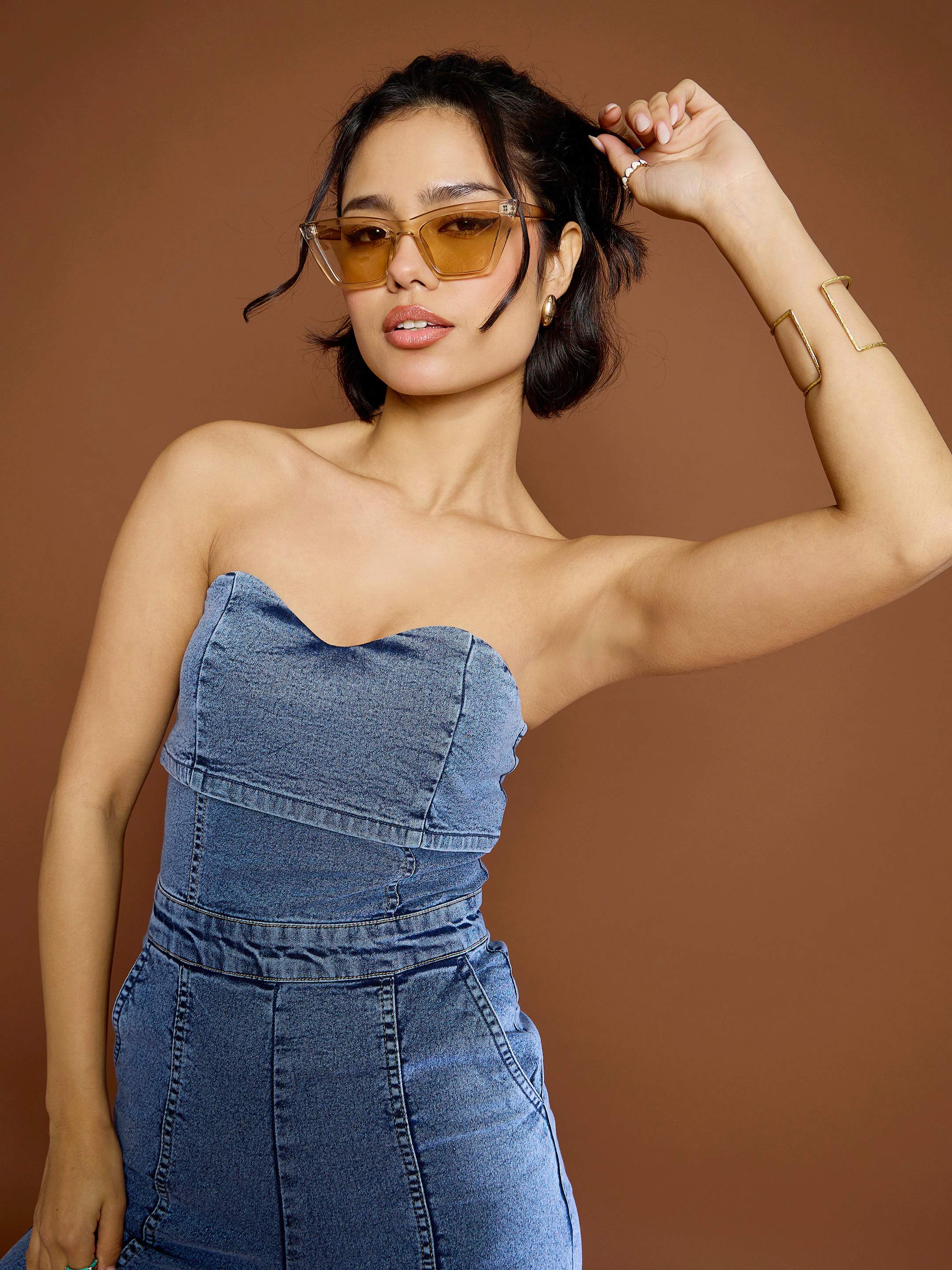 Women's Blue Blast Denim Off Shoulder Jumpsuit-SASSAFRAS