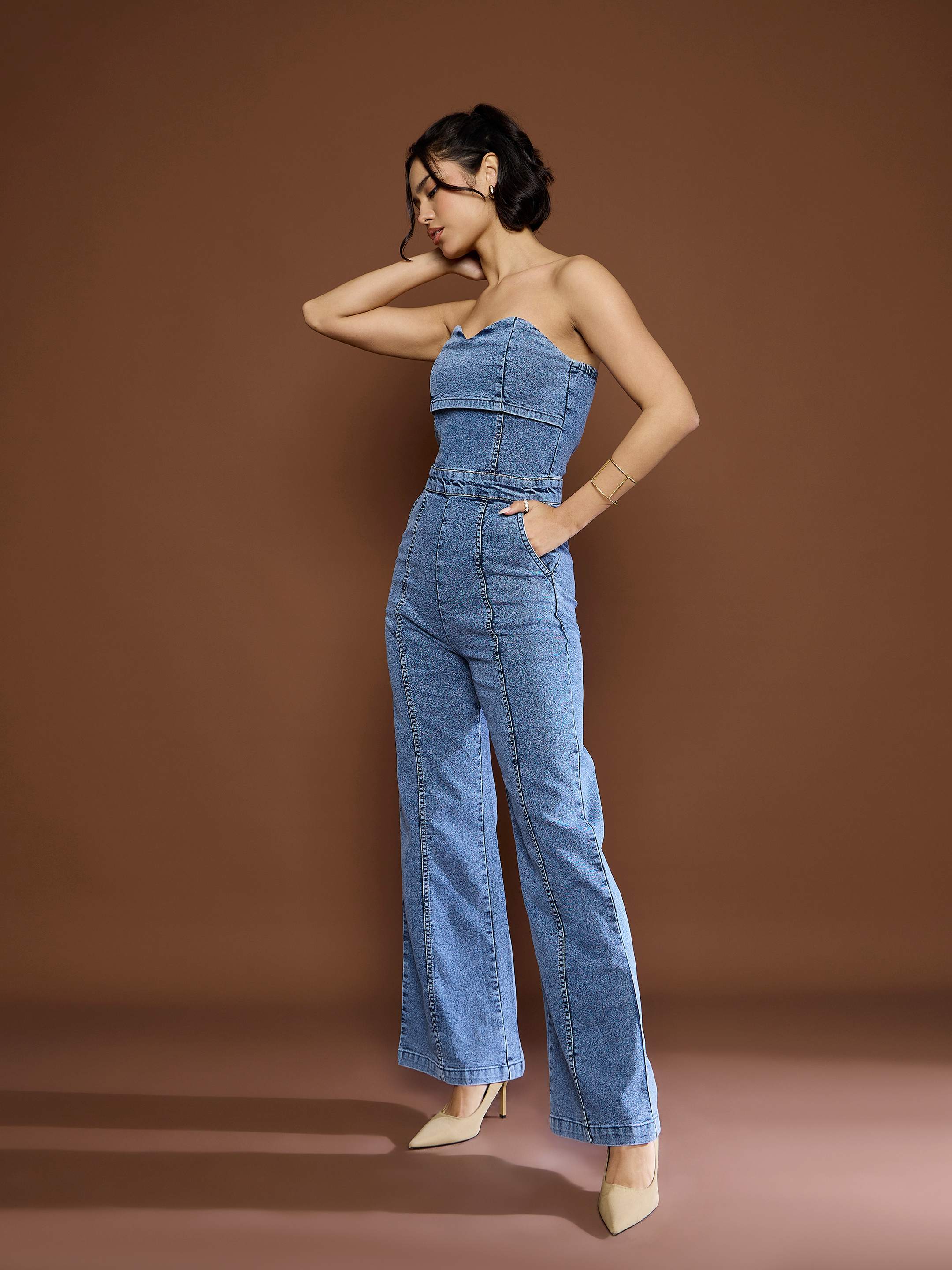 Women's Blue Blast Denim Off Shoulder Jumpsuit-SASSAFRAS