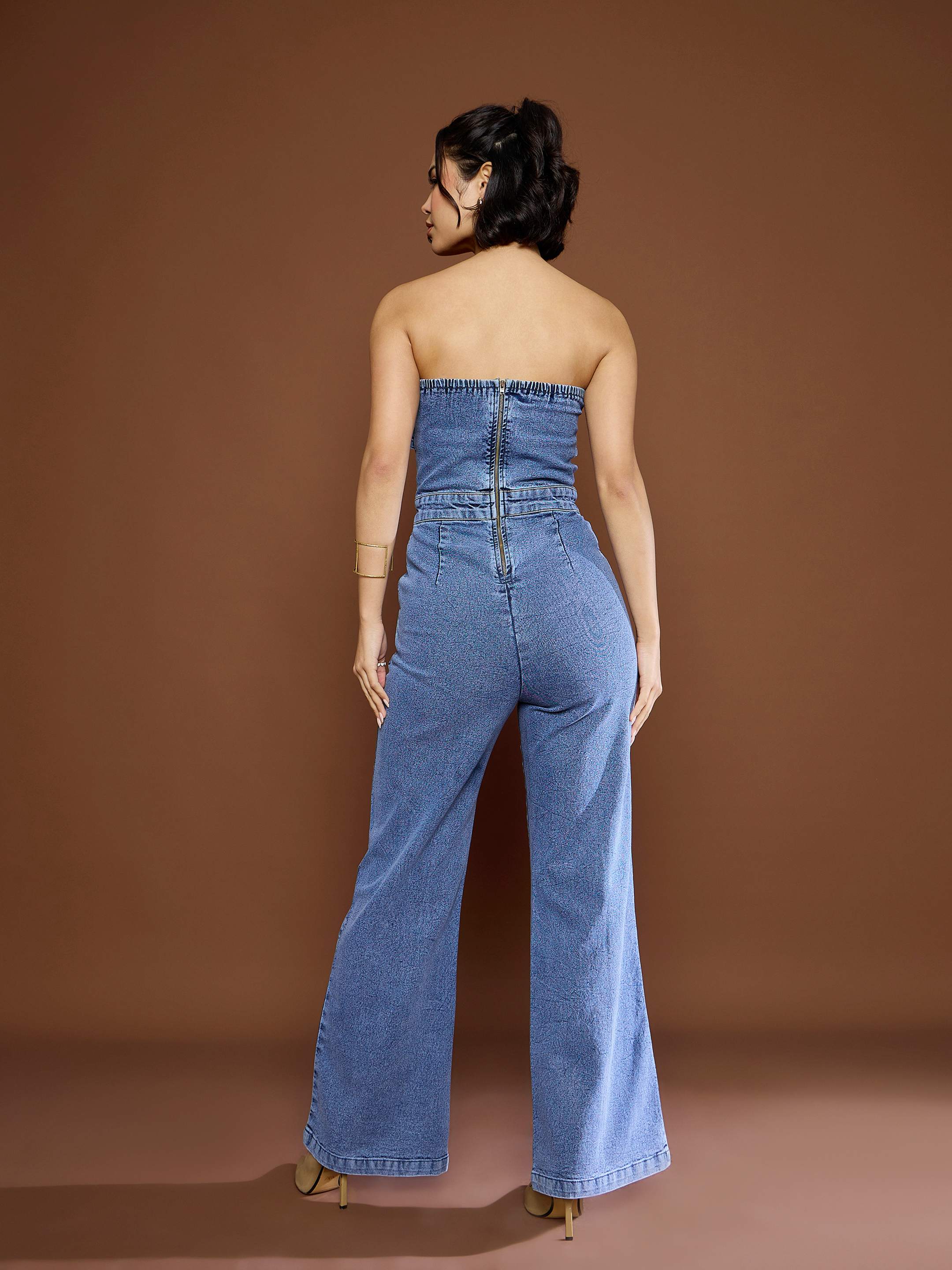 Women's Blue Blast Denim Off Shoulder Jumpsuit-SASSAFRAS