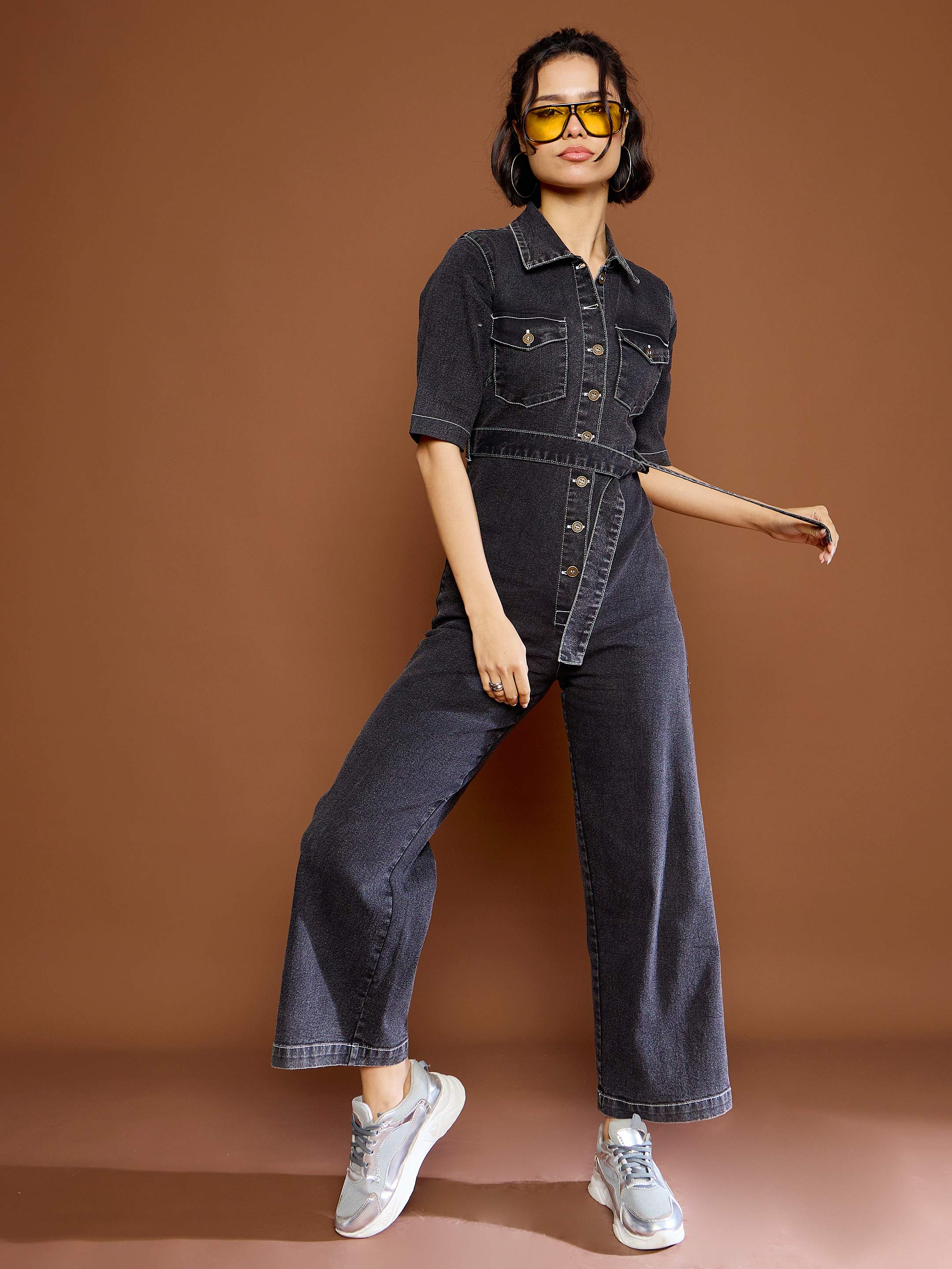 Women's Black Washed Denim Short Sleeve Jumpsuit-SASSAFRAS