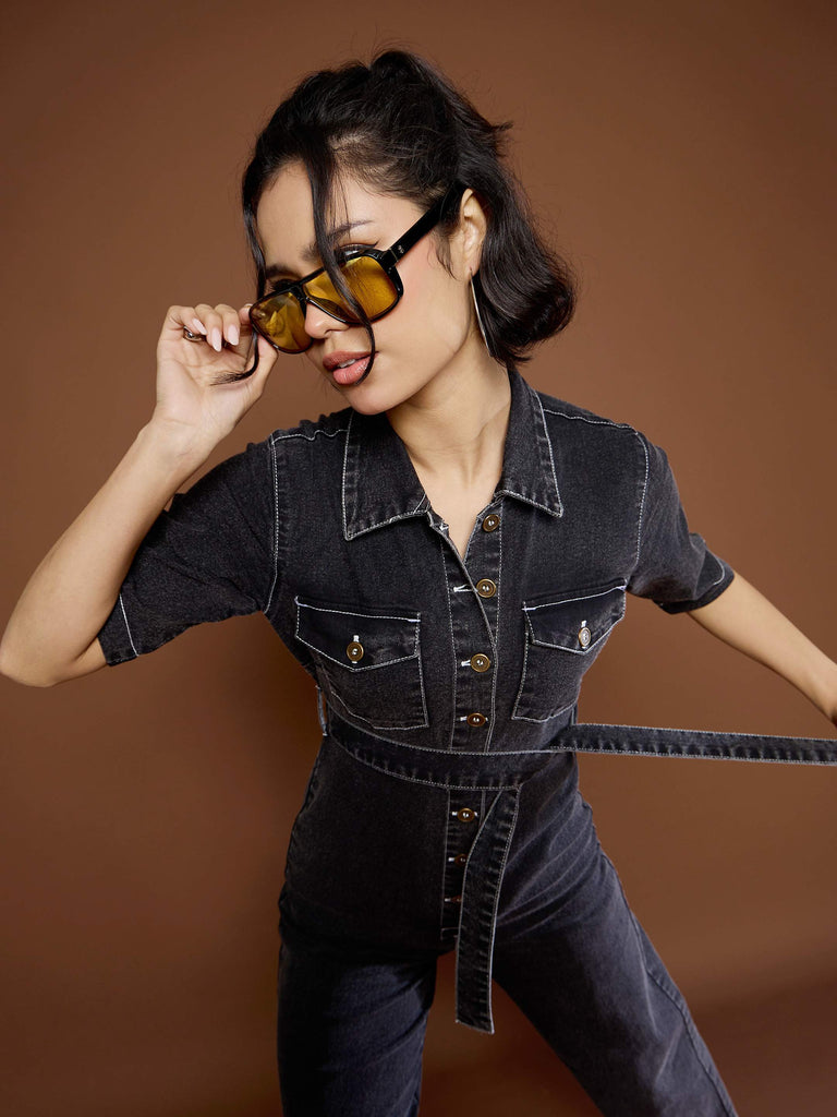 Women's Black Washed Denim Short Sleeve Jumpsu