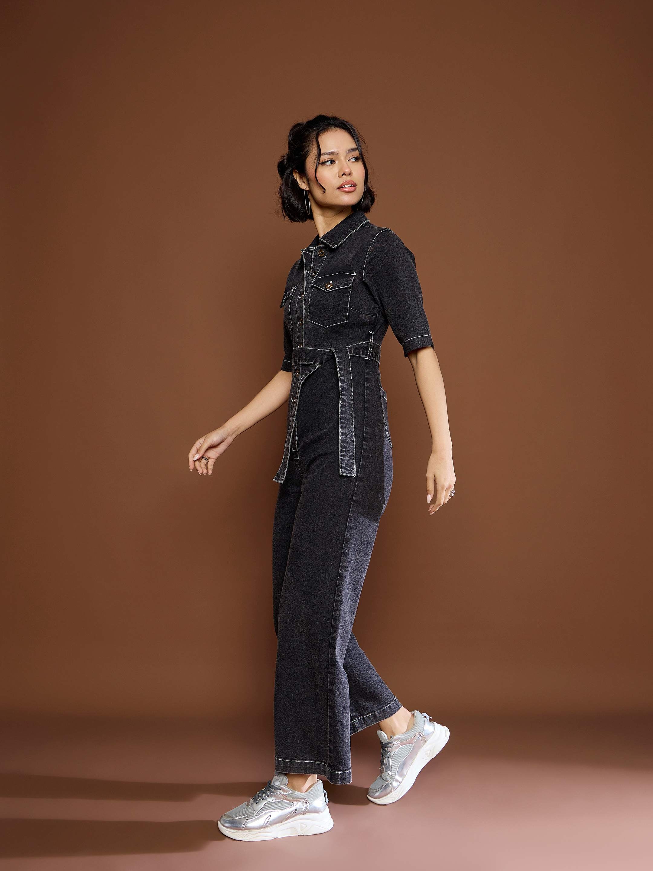 Women's Black Washed Denim Short Sleeve Jumpsuit-SASSAFRAS